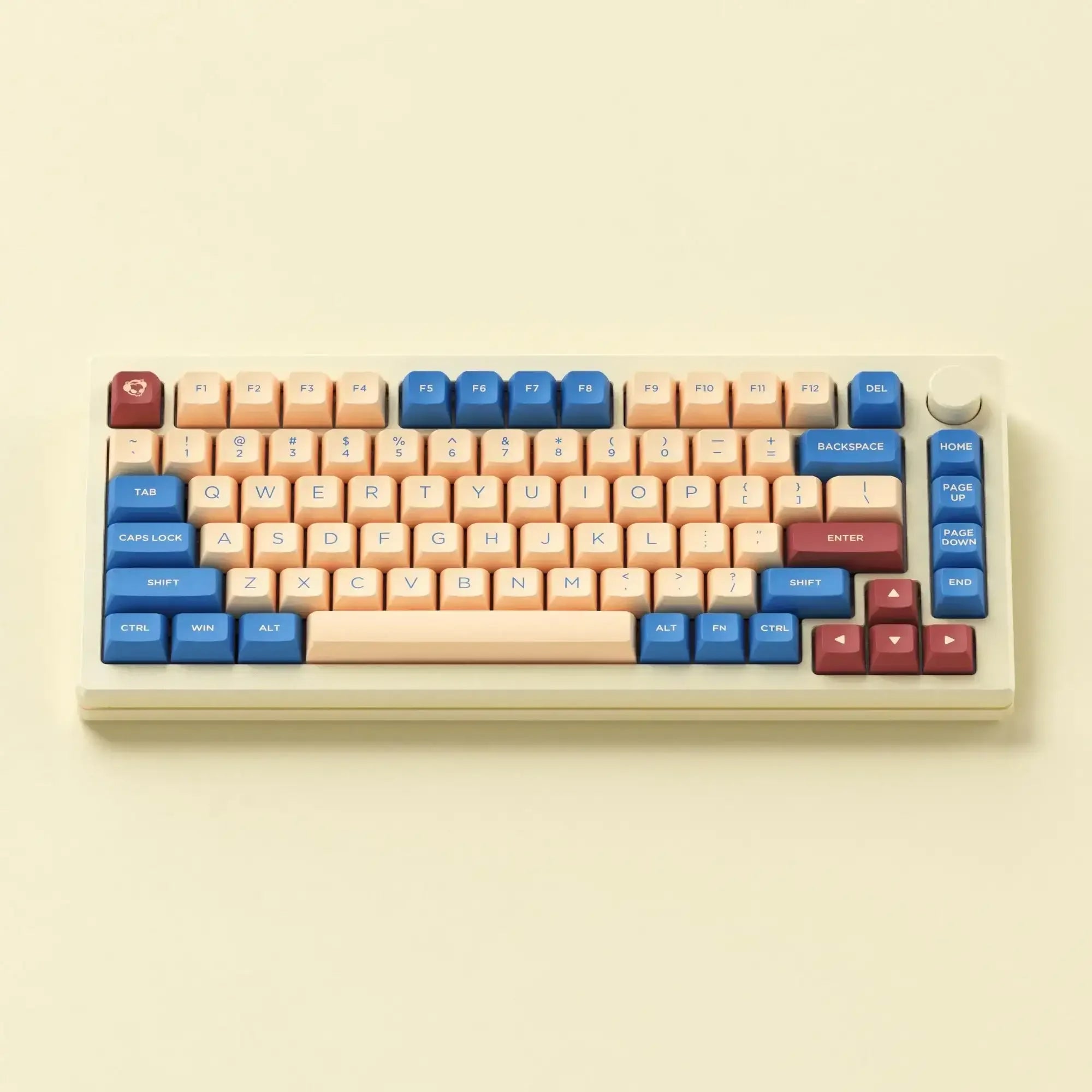 Kolorowa klawiatura mechaniczna do biura, pastelowe keycapy w odcieniach niebieskiego, różu i kremu.