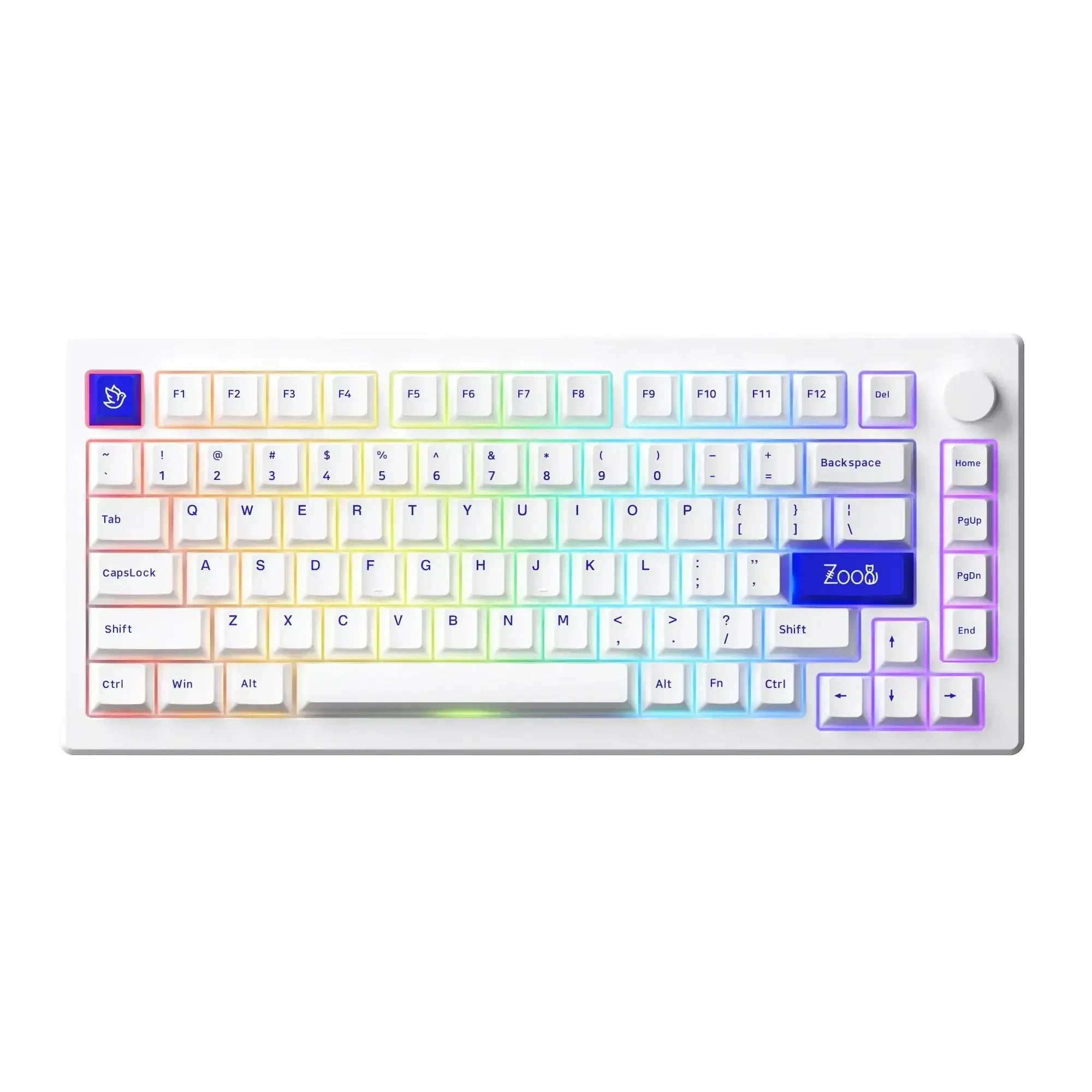 Biała klawiatura mechaniczna z podświetleniem RGB i niebieskimi keycapami, widok z góry.