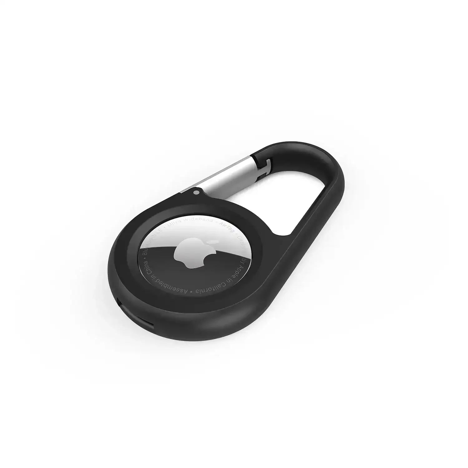 Czarny karabińczyk z etui na AirTag, akcesorium do lokalizatora Apple.