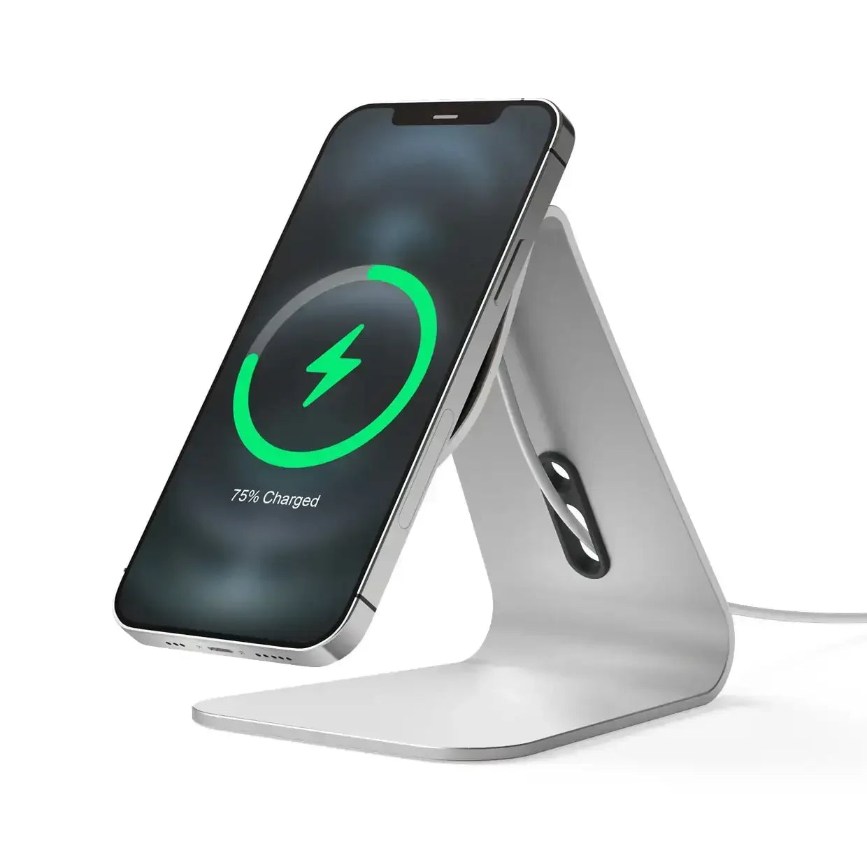 Aluminiowy stojak na biurko z ładowarką indukcyjną i smartfonem podczas ładowania