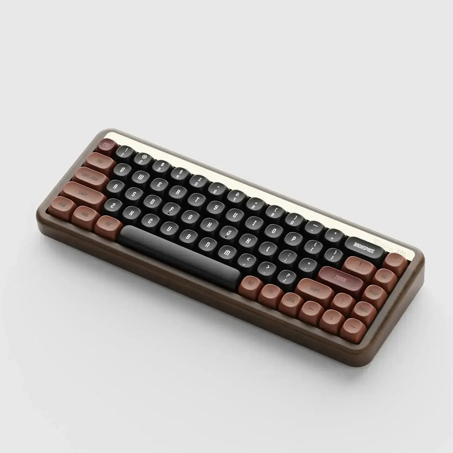 Brązowo-czarna klawiatura mechaniczna, retro keycapy, idealna do home office