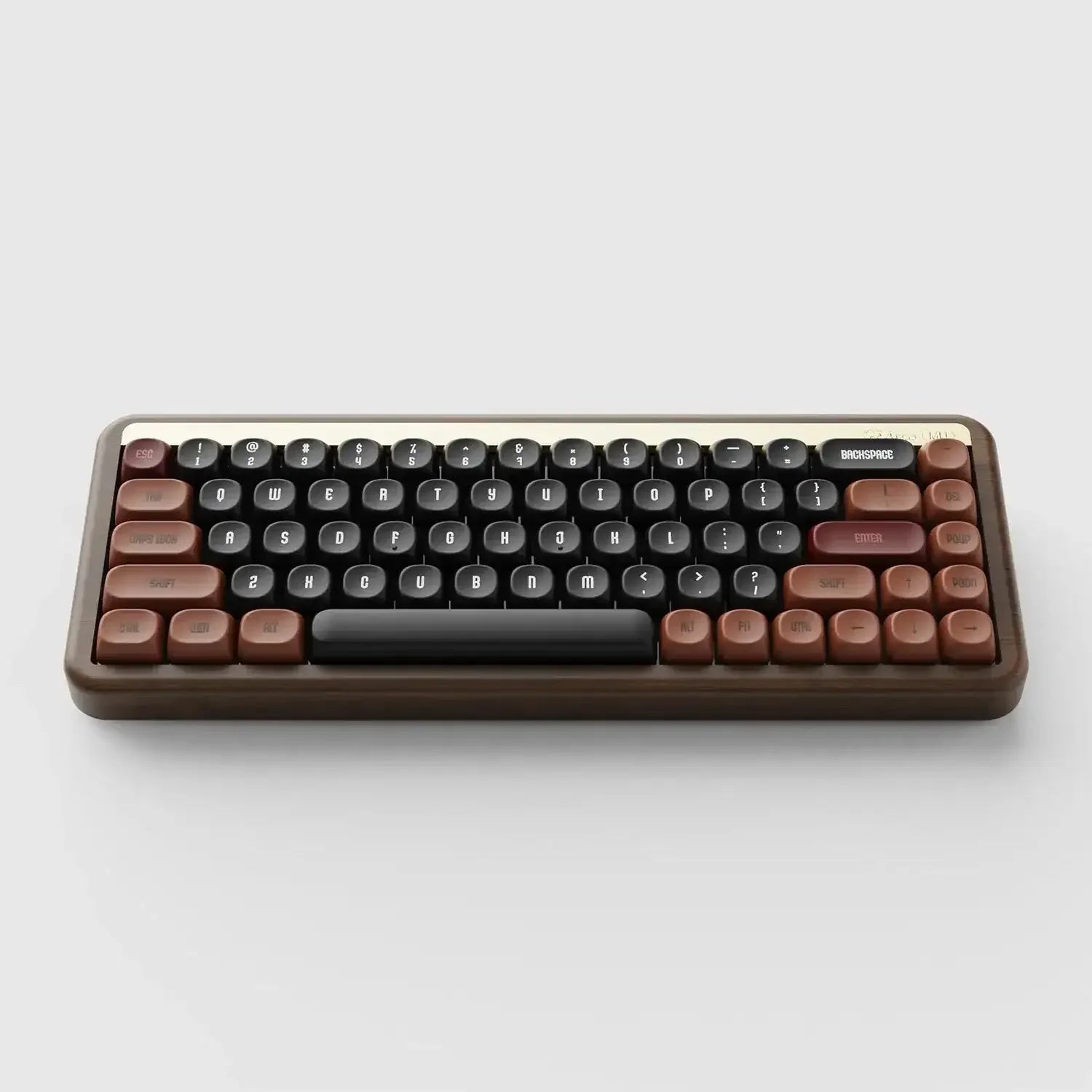 mechaniczna klawiatura retro z okrągłymi klawiszami, brązowo-czarna, na biurko