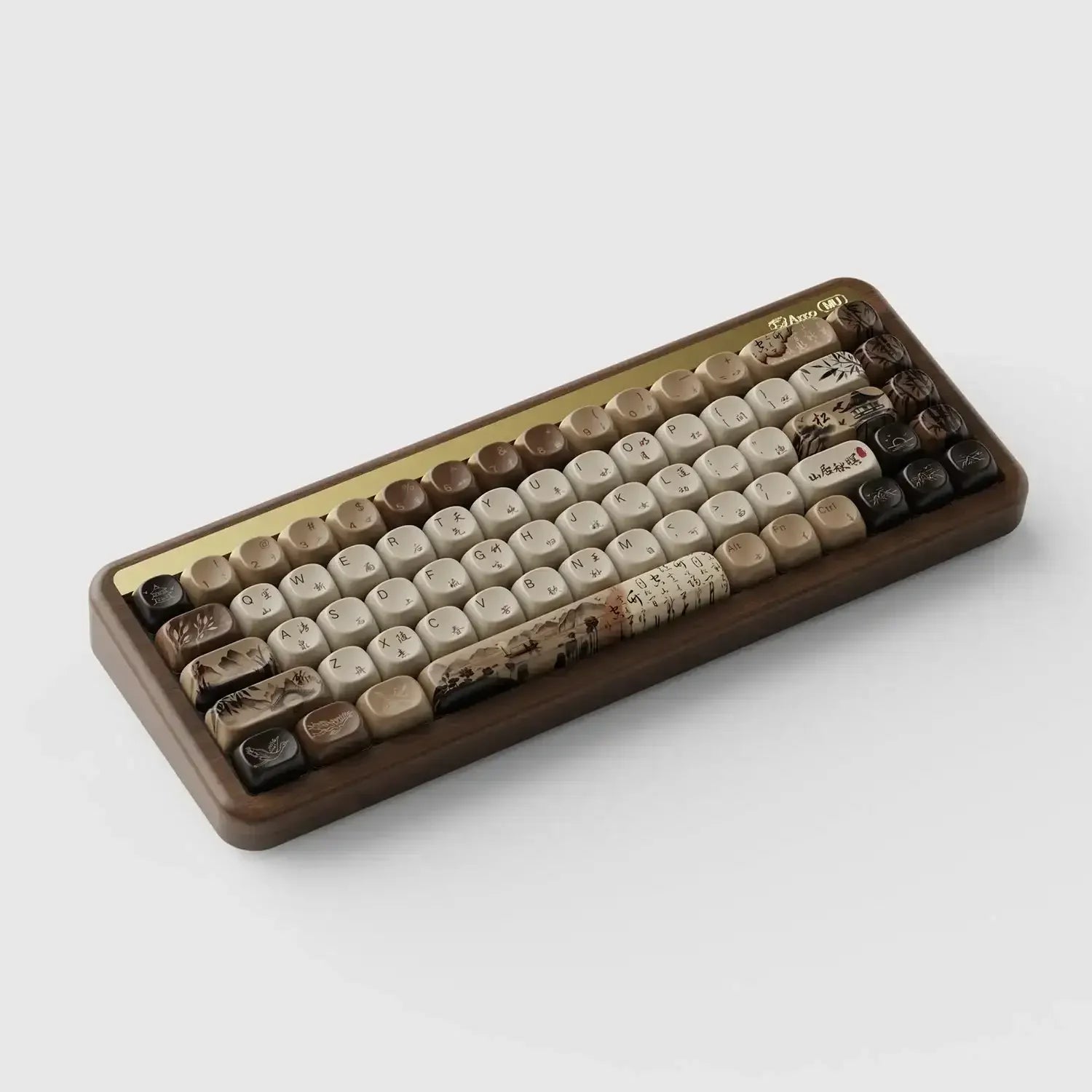 Mechaniczna klawiatura retro z drewnianą ramą i artystycznymi keycapami w stylu orientalnym.