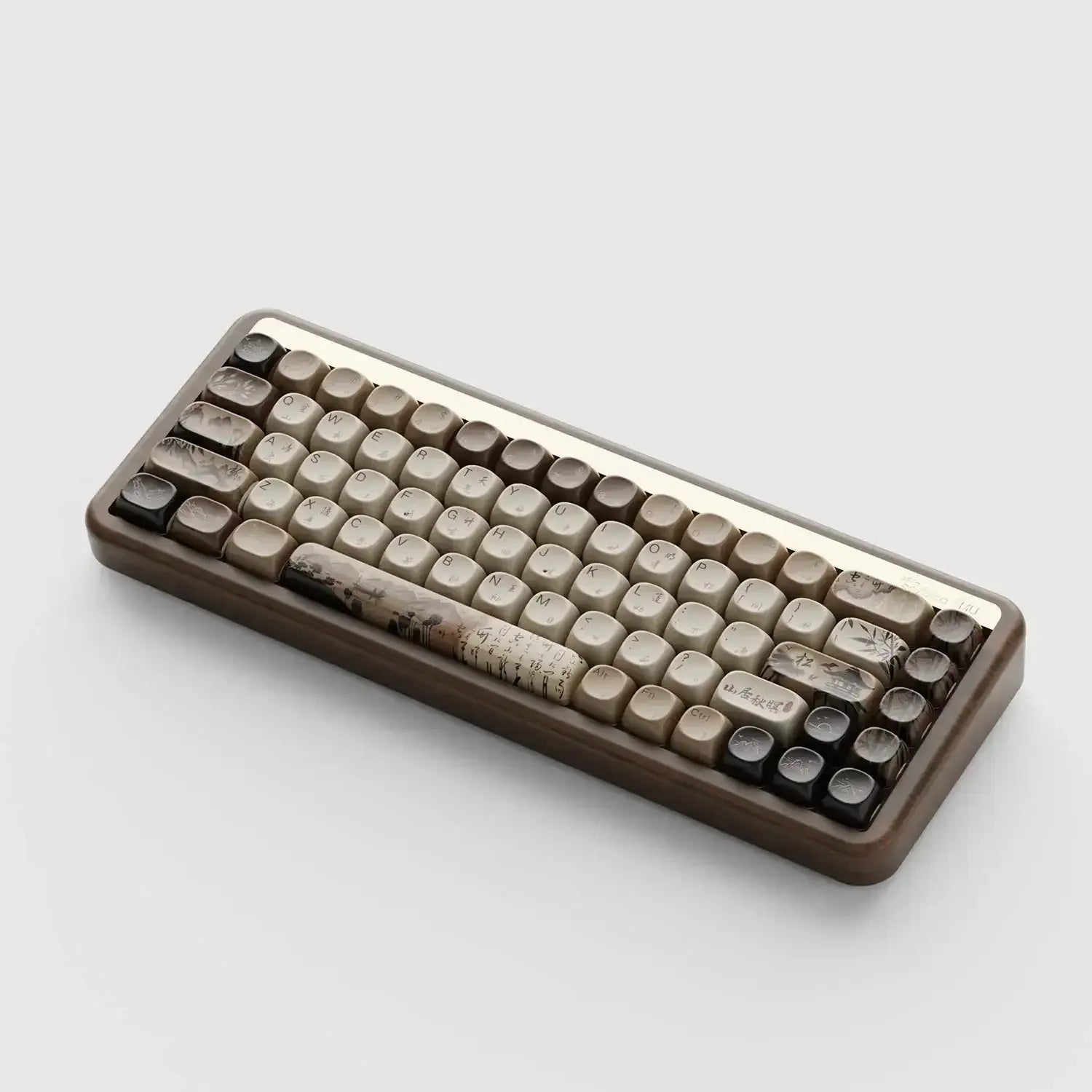 Klawiatura mechaniczna retro z okrągłymi keycapami w odcieniach brązu, motyw górski