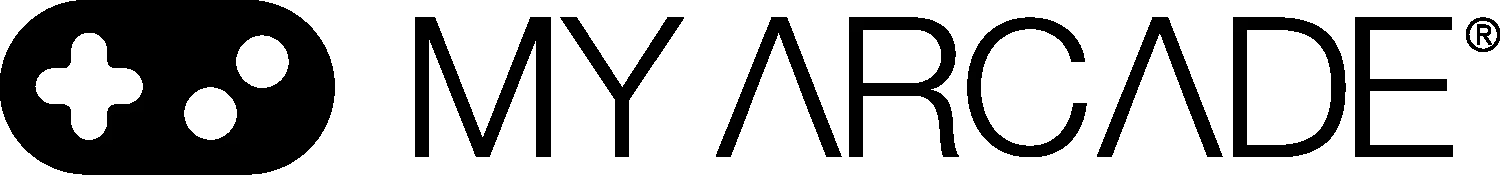 Czarne logo MY ARCADE z pikselową czcionką i symbolem pada do gier, styl retro gaming