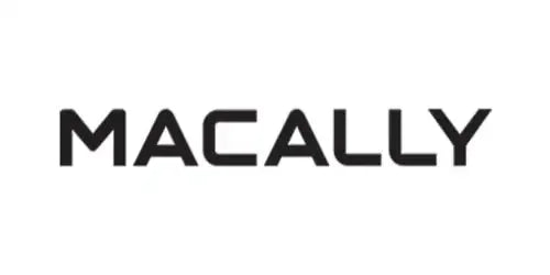 Czarne logo Macally na białym tle, akcesoria biurowe i klawiatury mechaniczne