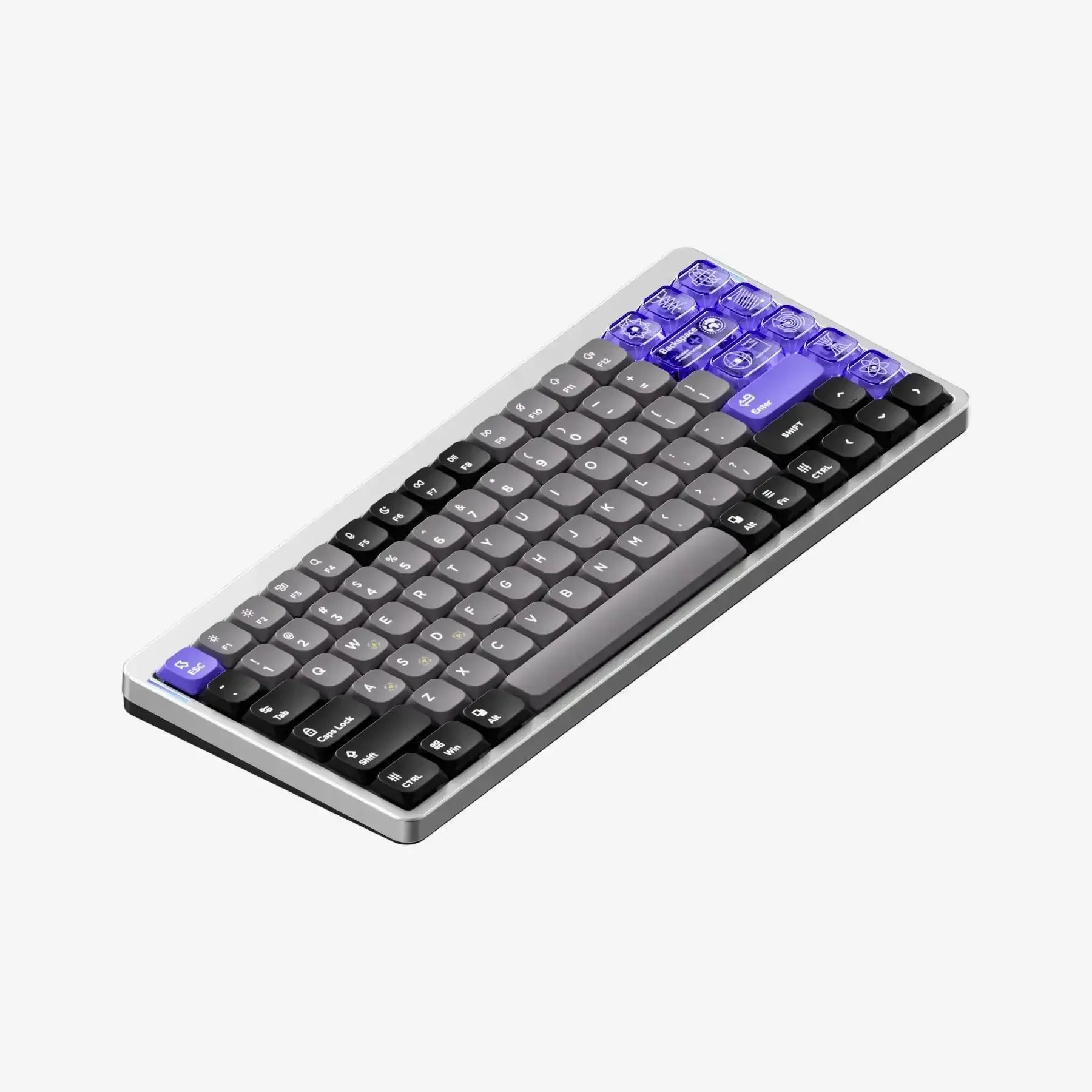 klawiatura mechaniczna kompaktowa, podświetlane fioletowe klawisze, biuro, desk setup