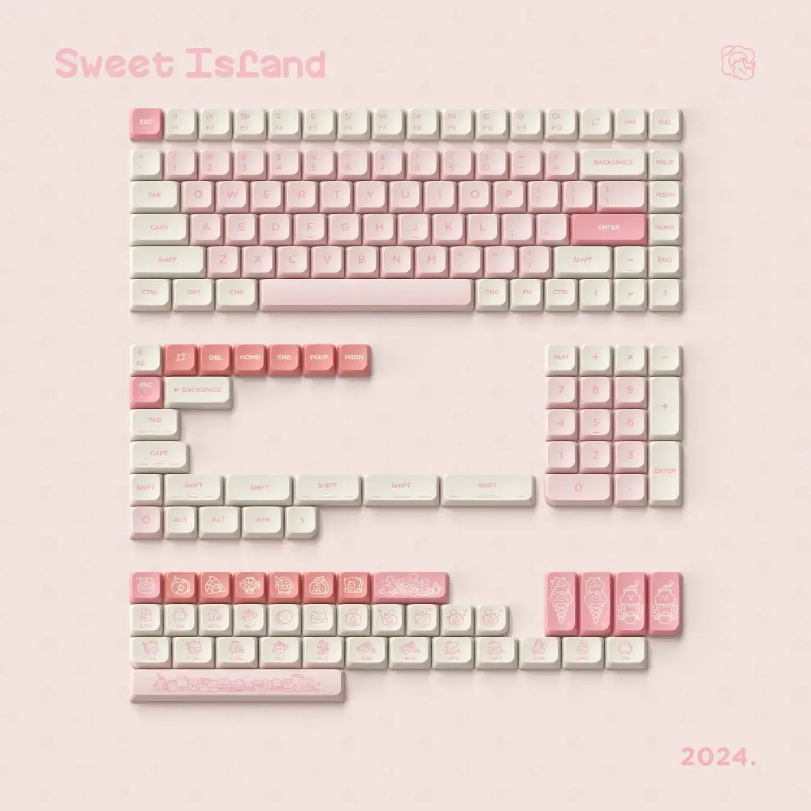 Zestaw różowo-białych keycapów do klawiatury mechanicznej z motywem Sweet Island, 2024.