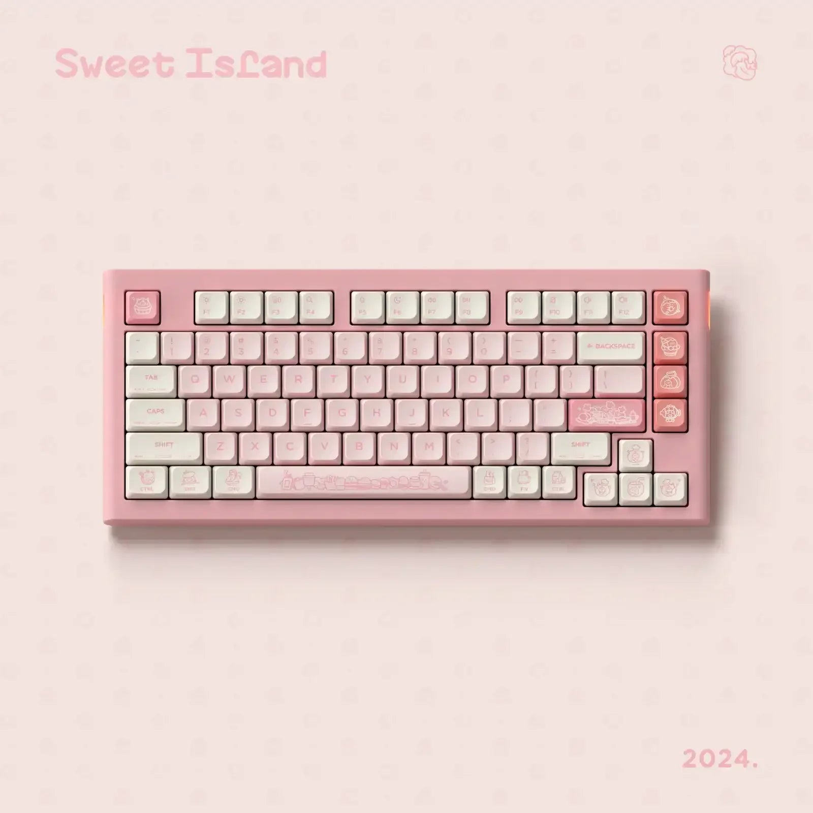 Różowa klawiatura mechaniczna Sweet Island z białymi i różowymi klawiszami, styl biurowy.