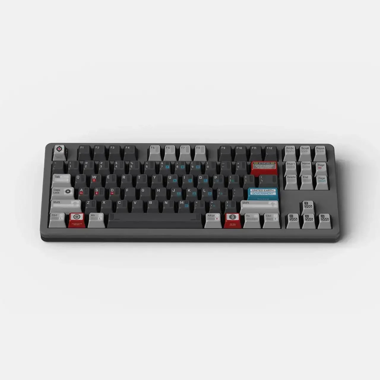 Klawiatura mechaniczna w kolorze czarnym i szarym z kolorowymi keycapami, biurowe akcesorium.