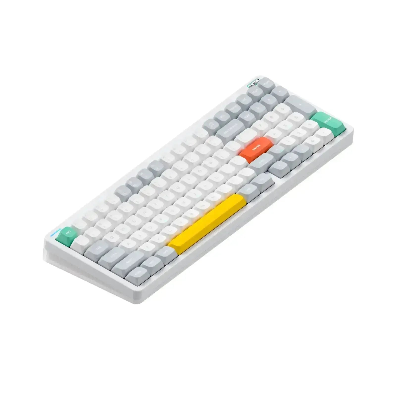 Klawiatura mechaniczna z kolorowymi keycapami na białym tle, idealna do biura