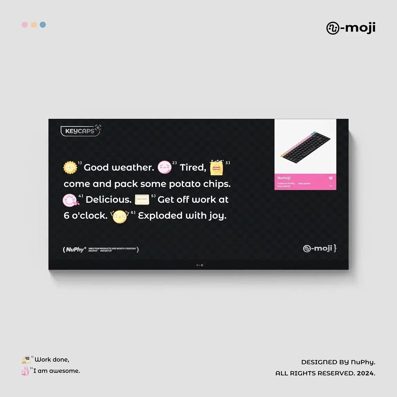 Zestaw keycapów emoji na klawiaturę mechaniczną, czarne tło, kolorowe klawisze, layout Numaji.