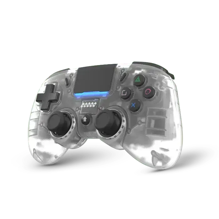 Przezroczysty gamepad z podświetleniem LED, kontroler do gier, widok z boku