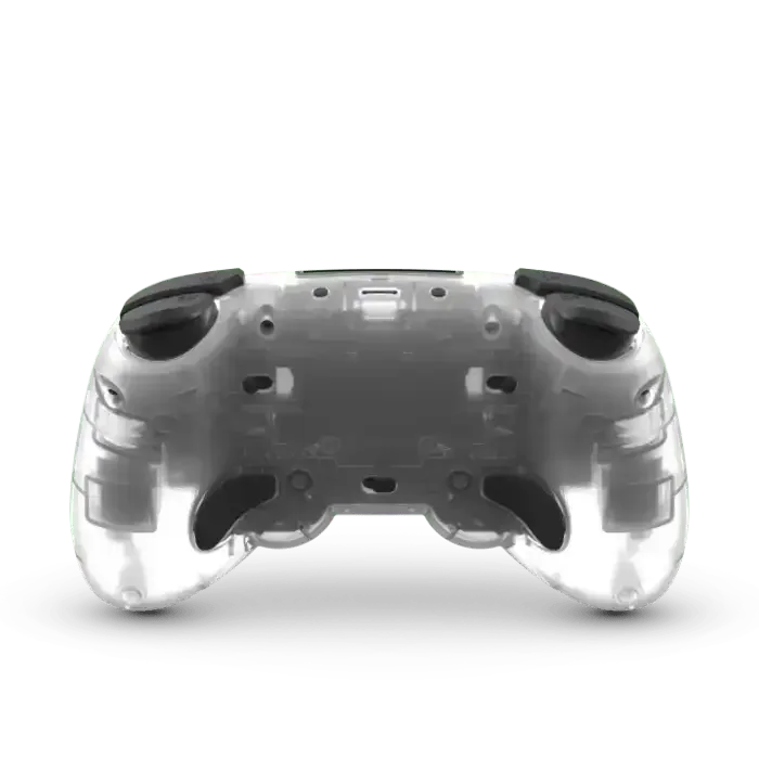 Przezroczysty gamepad do gier, widok z tyłu, ergonomiczny kontroler gamingowy