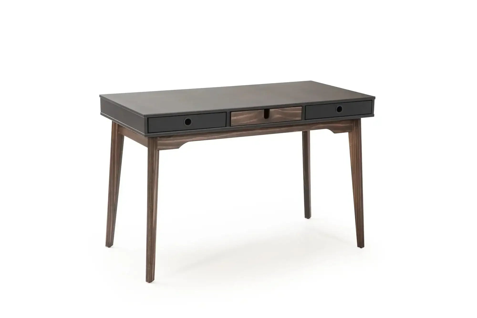 Nowoczesne biurko do home office z trzema szufladami, czarne i drewniane nogi