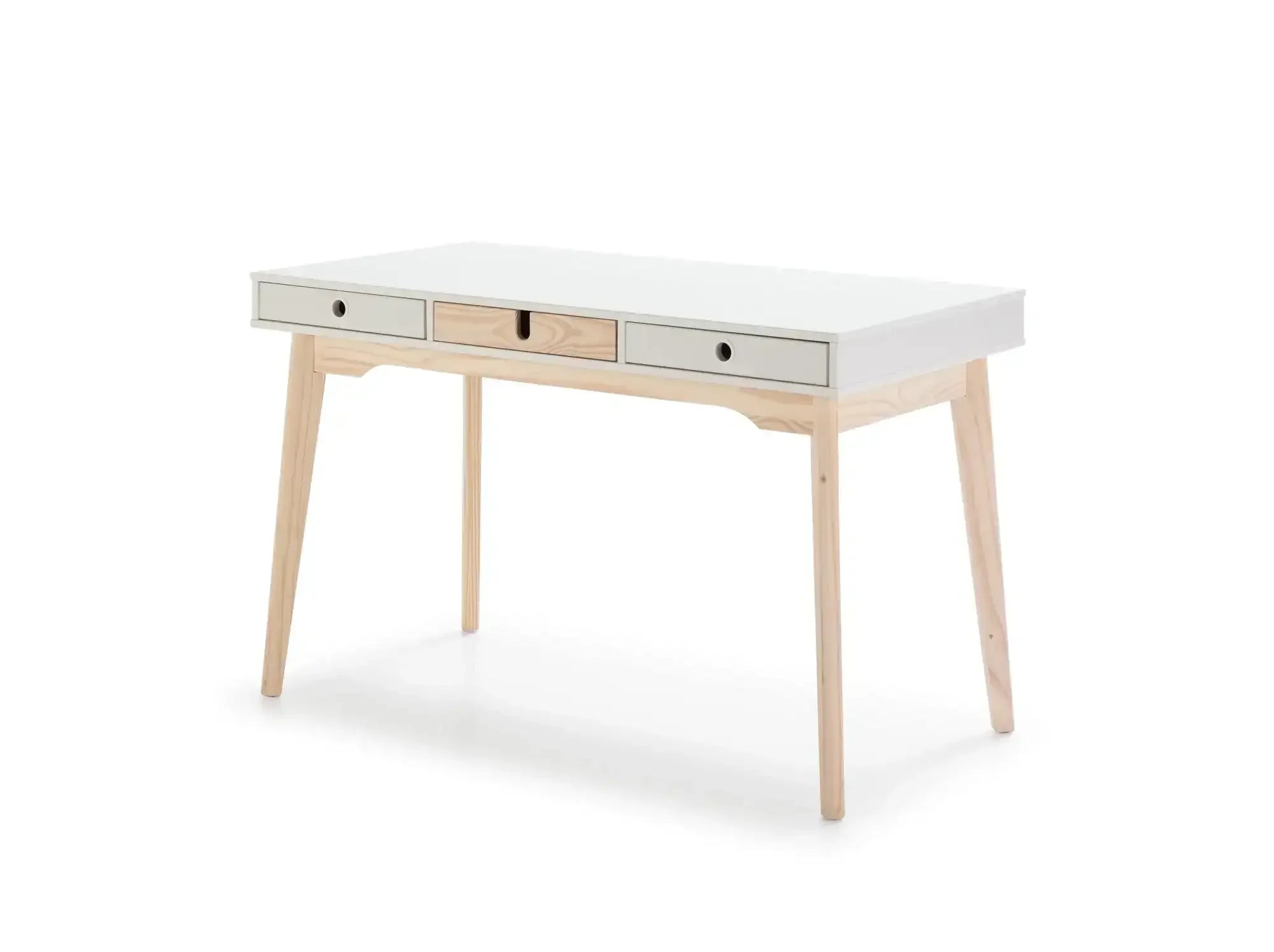 Minimalistyczne biurko do home office, białe z drewnianymi nogami, trzy szuflady