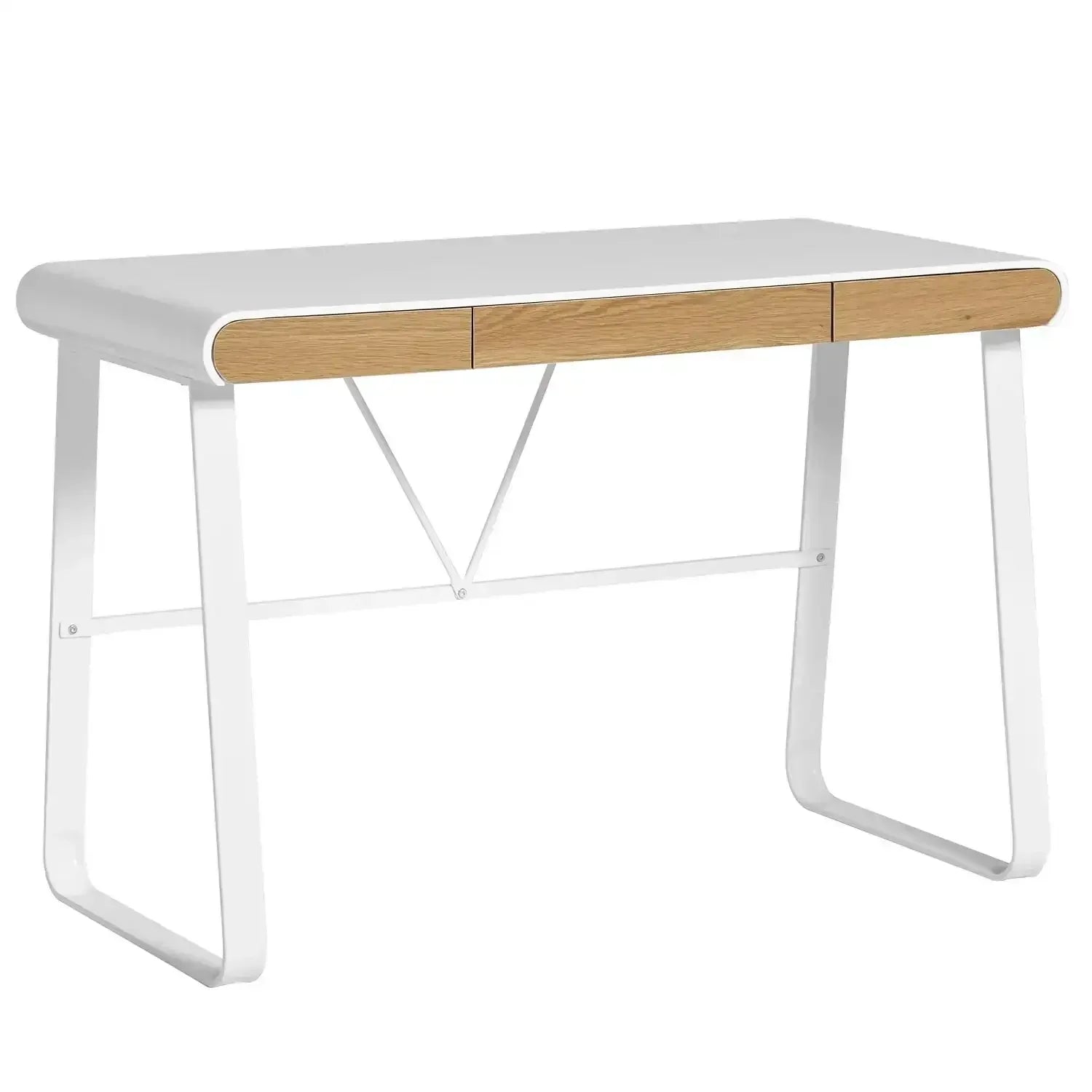 Białe biurko do home office z drewnianym frontem i metalowymi nogami, minimalistyczny design