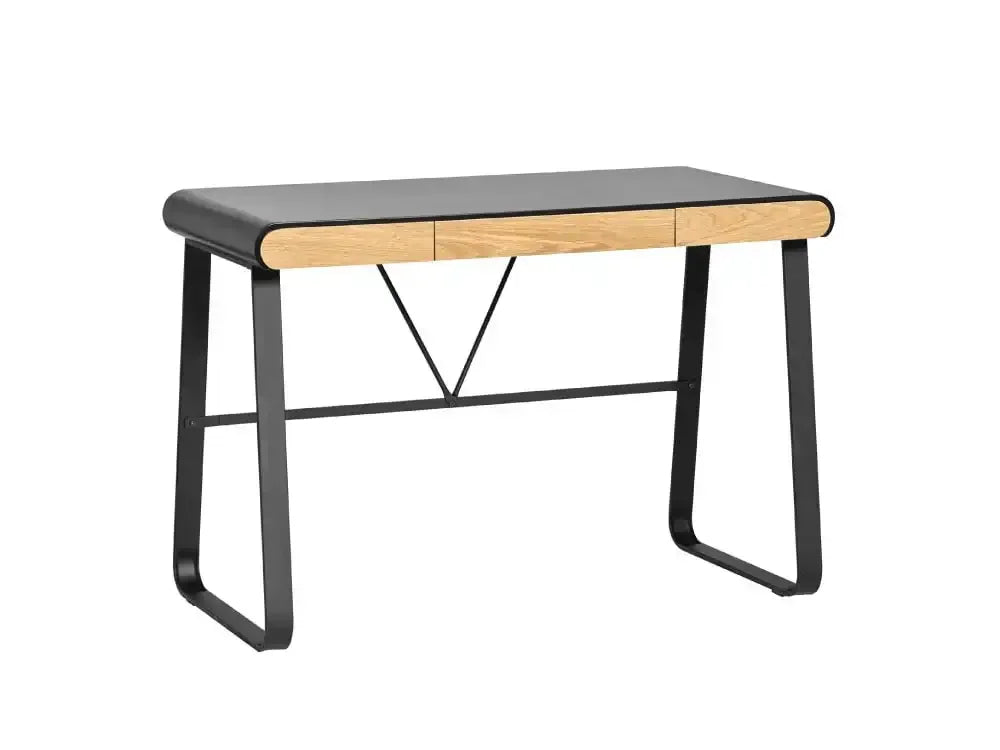 Biurko nowoczesne czarno-drewniane do home office, metalowe nogi, szuflady.