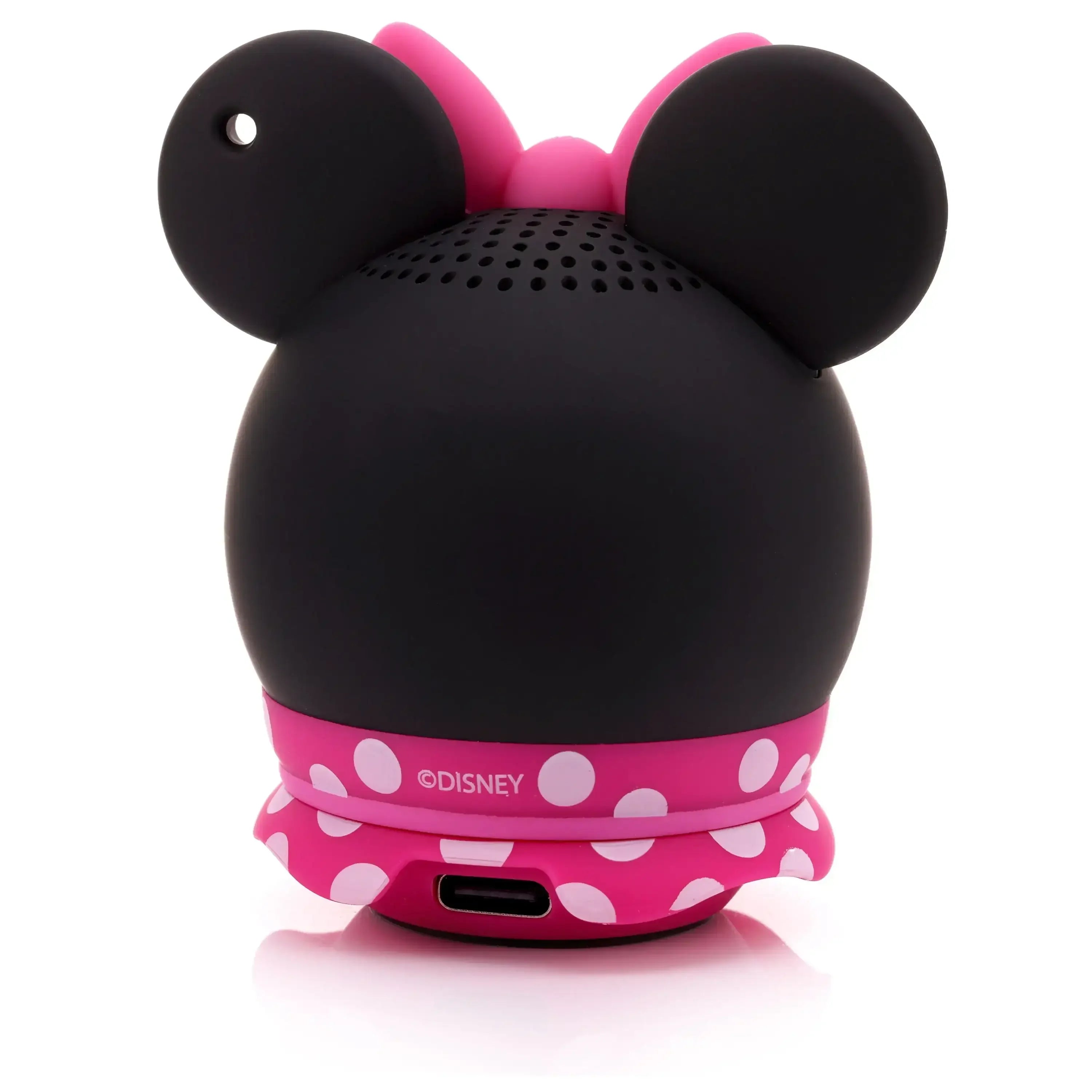 Głośnik Bluetooth w kształcie Minnie Mouse, czarno-różowy z kokardką i grochami