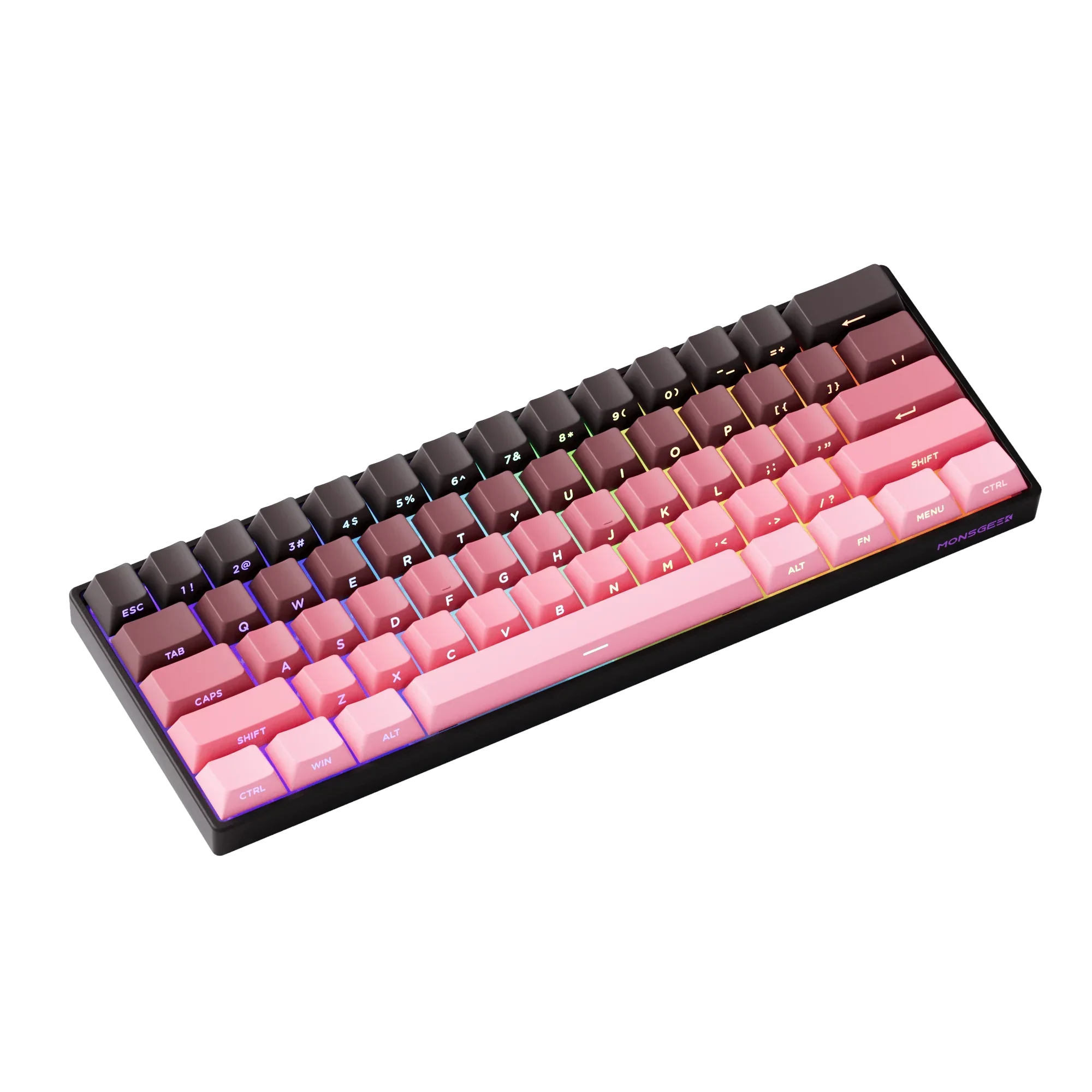 Mechaniczna klawiatura z różowymi keycapami i RGB, idealna do home office i personalizacji desk setupu