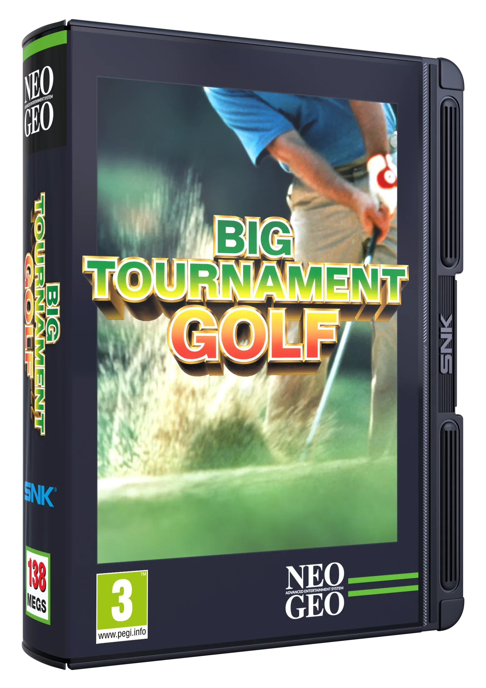 Pudełko gry Big Tournament Golf dla NEO GEO, klasyczna gra golfowa z logo SNK i oznaczeniem PEGI 3