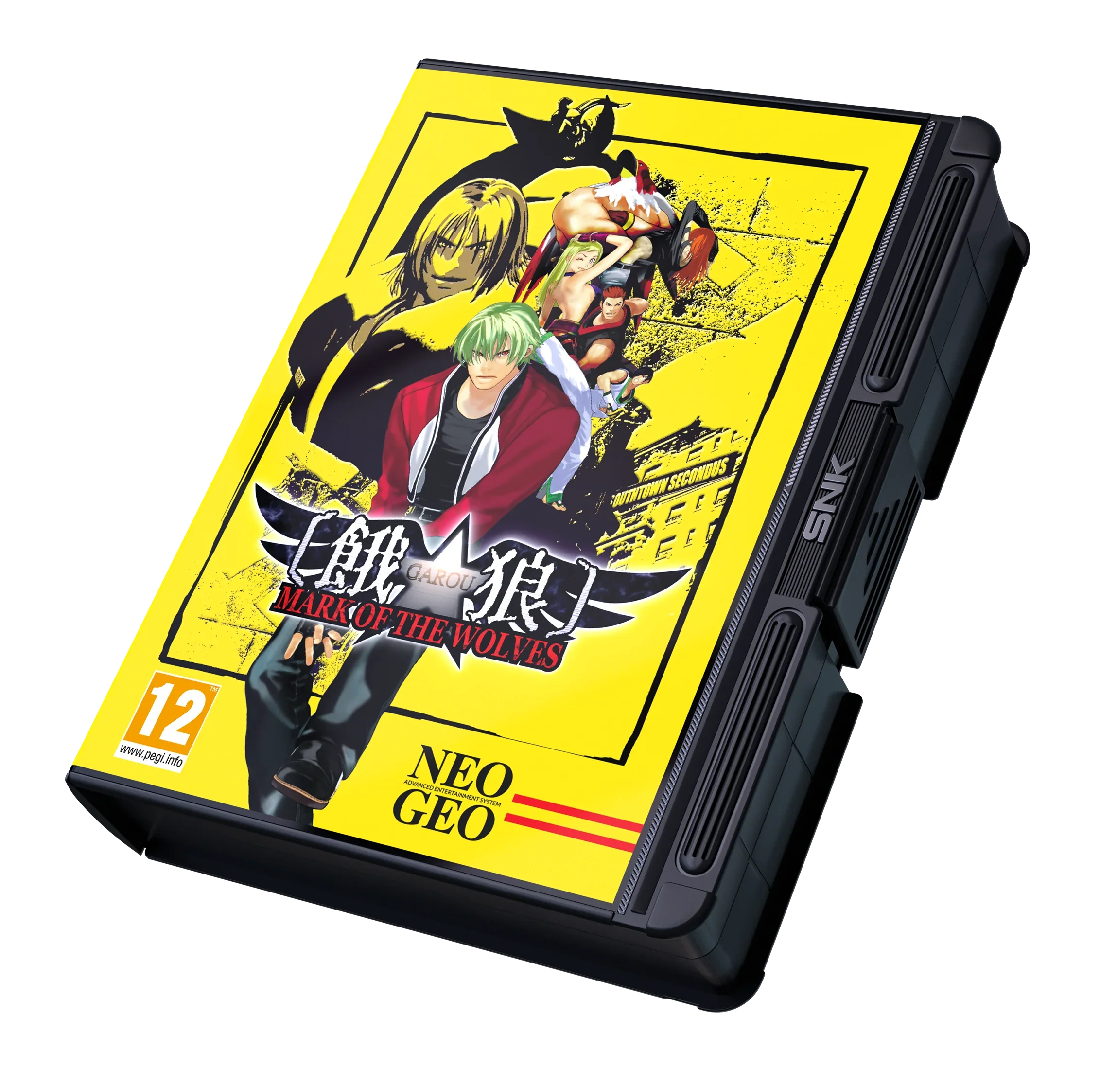 Karta gry Neo Geo Garou: Mark of the Wolves z żółtą okładką i postaciami anime, PEGI 12
