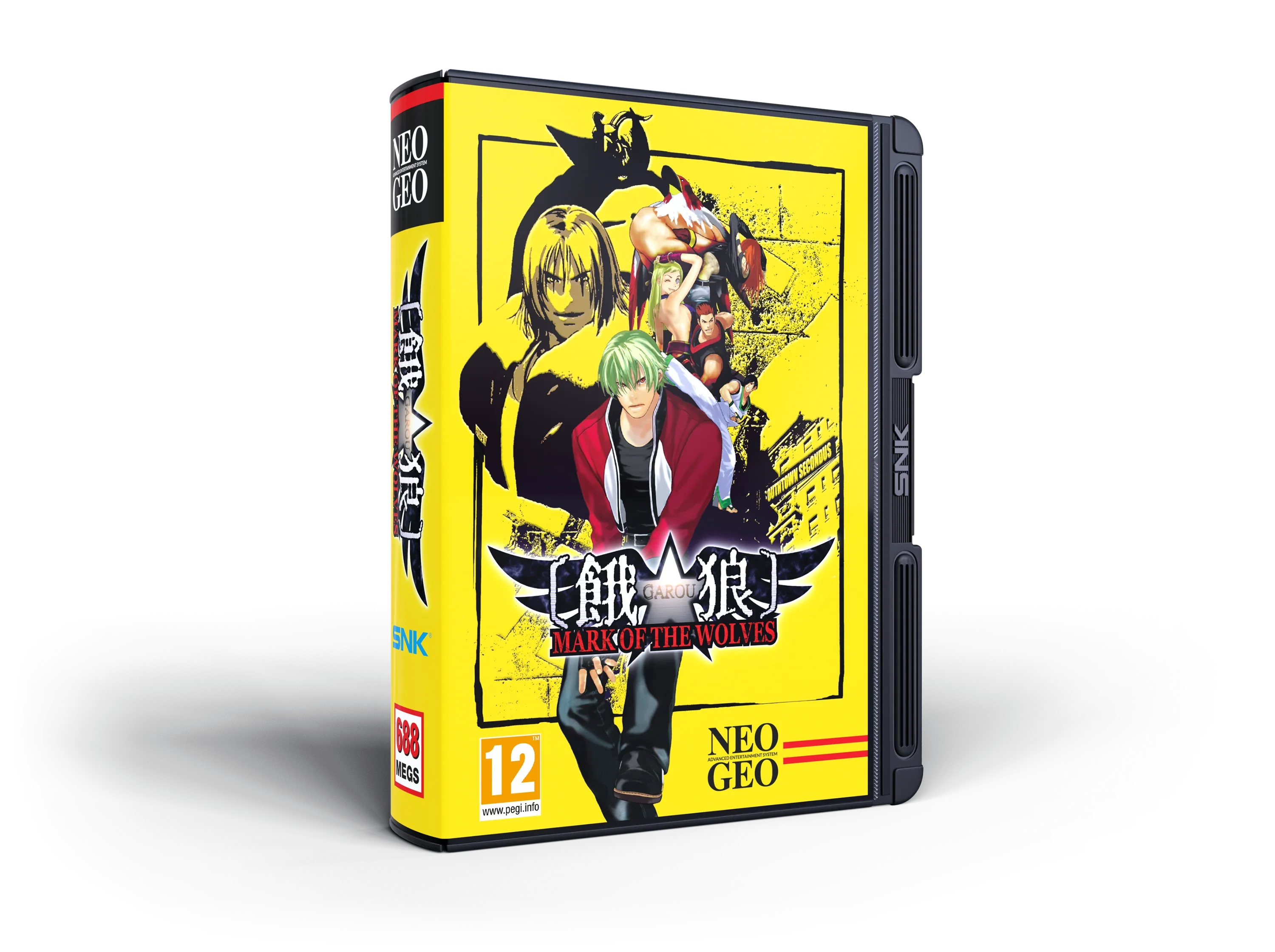 Pudełko gry Garou: Mark of the Wolves na Neo Geo, żółte z postaciami, logo SNK i oznaczeniem PEGI 12