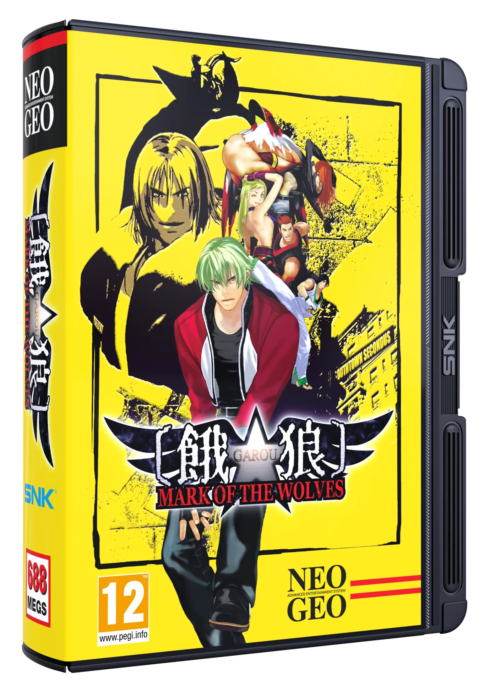 Pudełko gry Garou: Mark of the Wolves na Neo Geo, żółte z postaciami, logo SNK i oceną PEGI 12