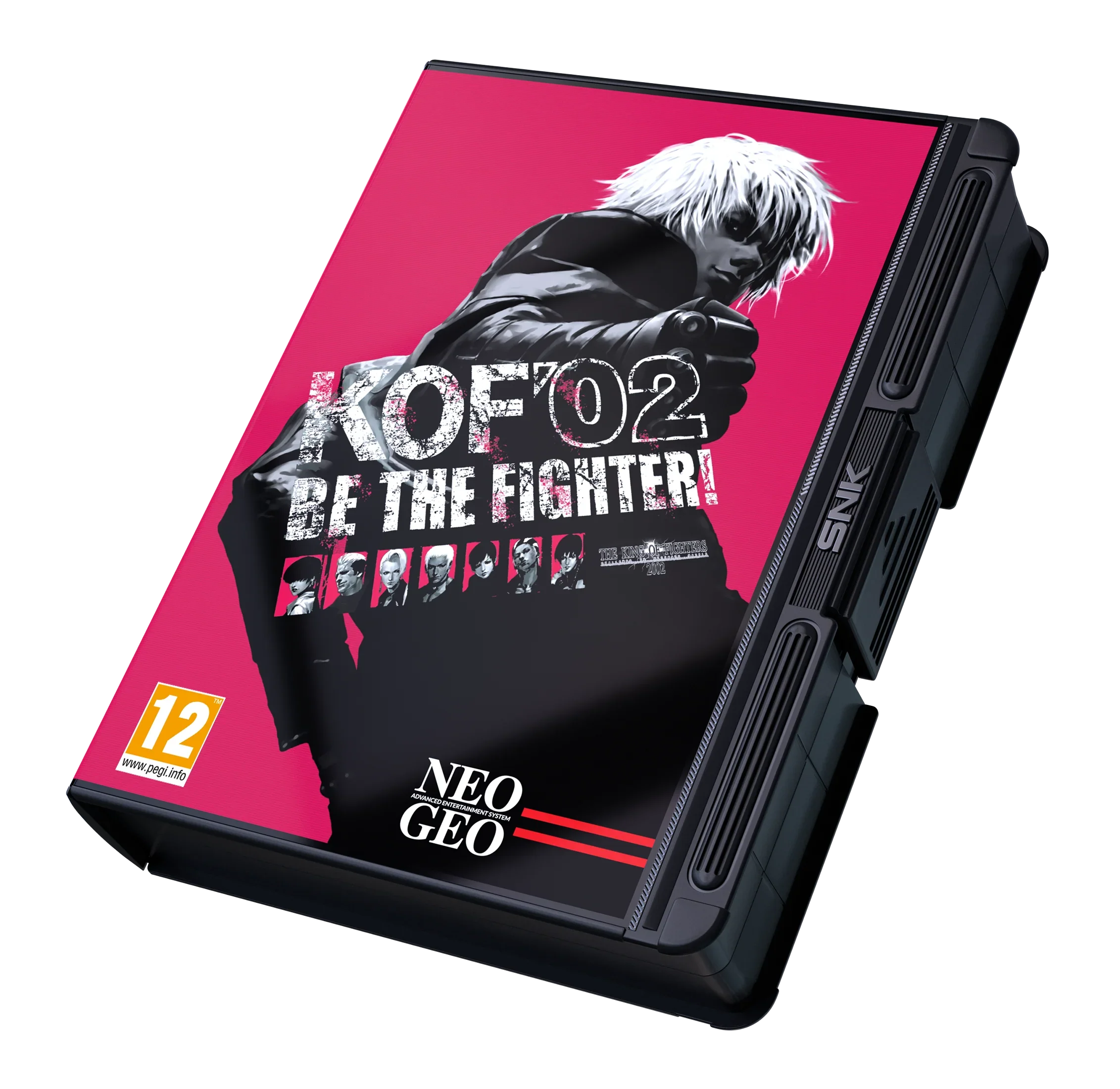 KOF '02 Be The Fighter! – gra Neo Geo w czarnym pudełku z grafiką bohatera na różowym tle