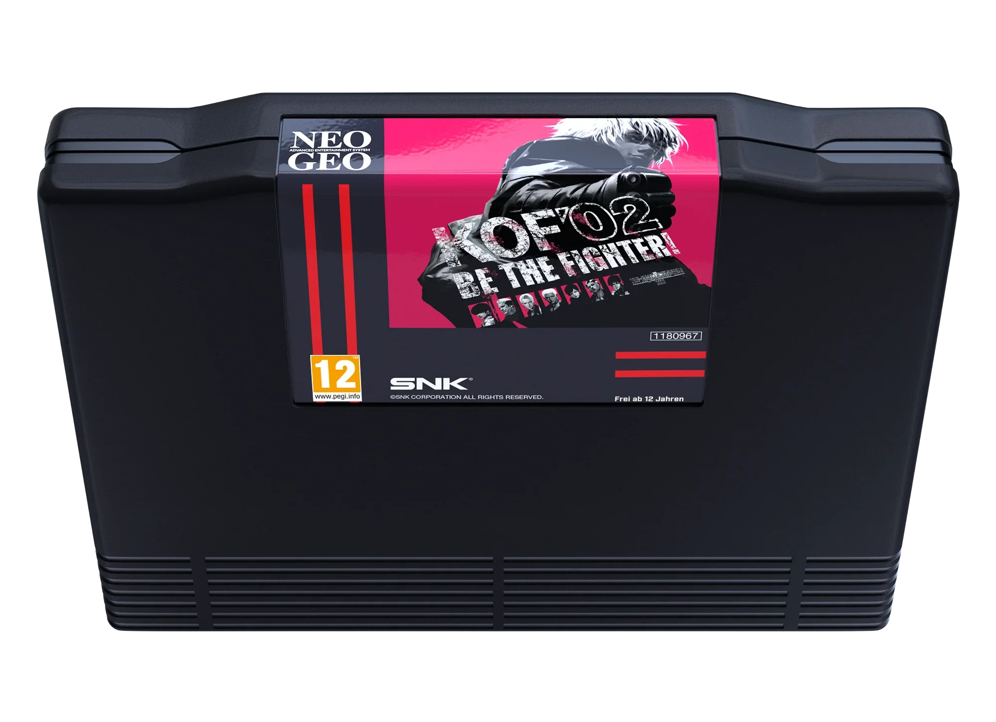Karta gry Neo Geo KOF '02 Be The Fighter! z logo SNK, czarna, z czerwonymi akcentami i oznaczeniem wiekowym 12+