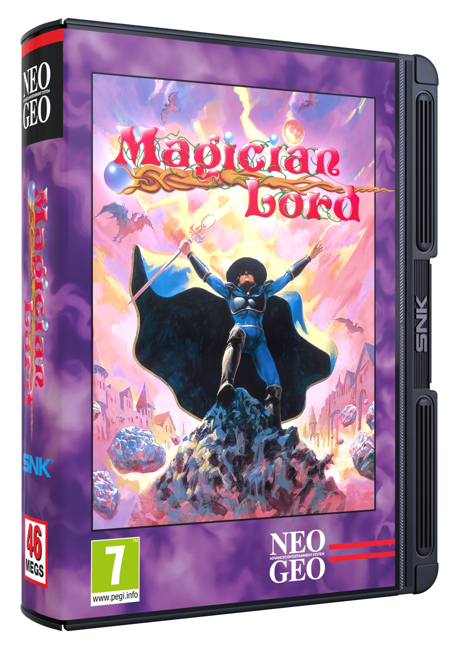 Pudełko gry Magician Lord na NEO GEO, klasyczna gra SNK z postacią maga na okładce, 46 MEGS, PEGI 7