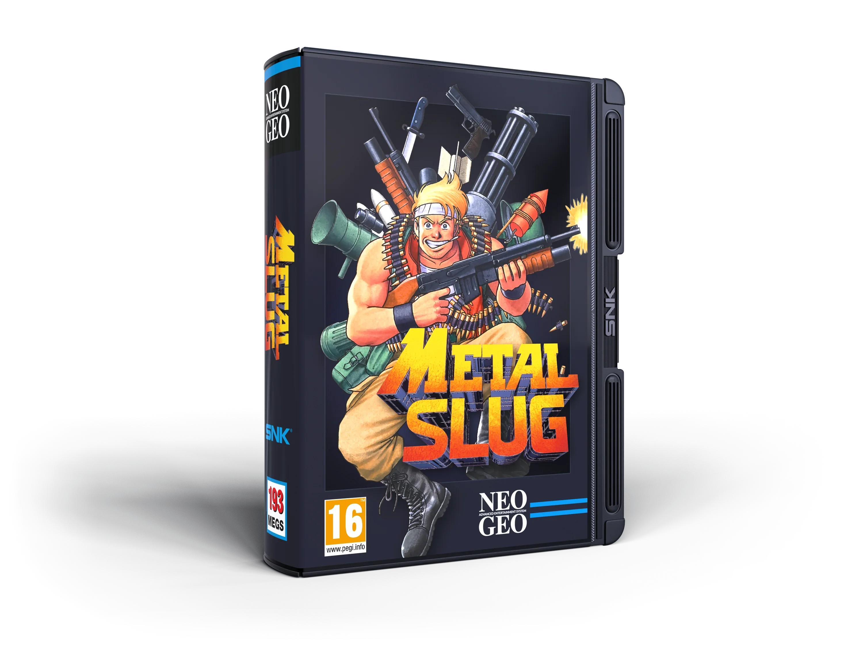 Pudełko gry Metal Slug na Neo Geo, klasyczna strzelanka z bohaterem w akcji, 16+ PEGI