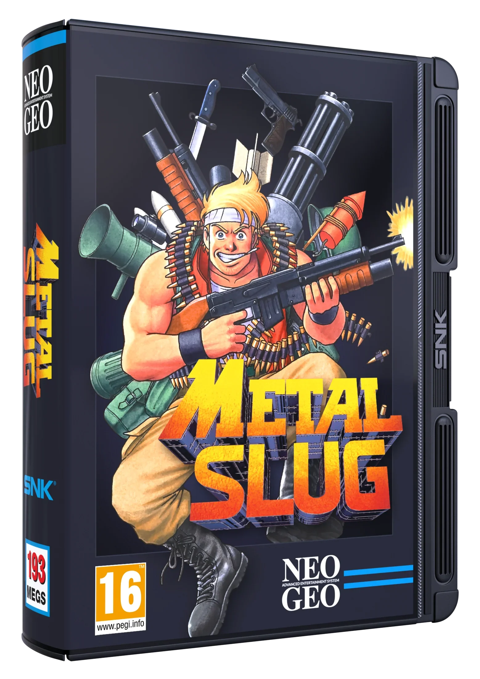 Metal Slug Neo Geo gra w pudełku z bohaterem i bronią