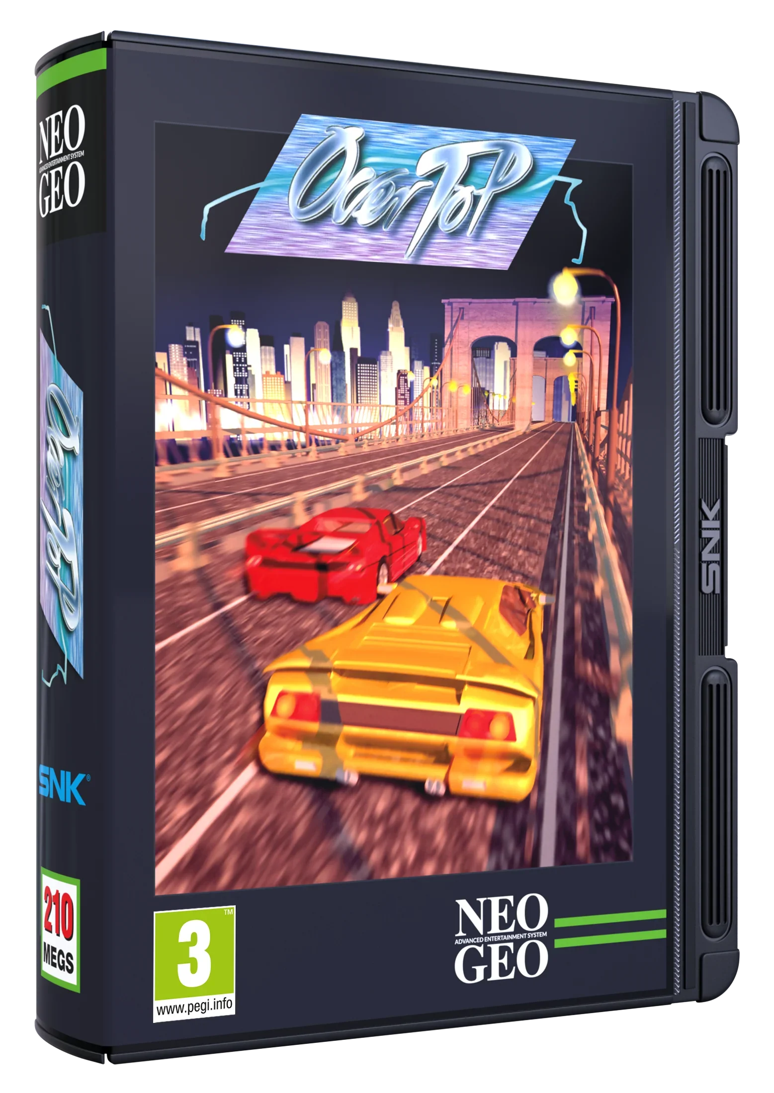 Pudełko gry OverTop na Neo Geo, wyścigówka z czerwonym i żółtym autem na moście nocnym, 210 MB, PEGI 3