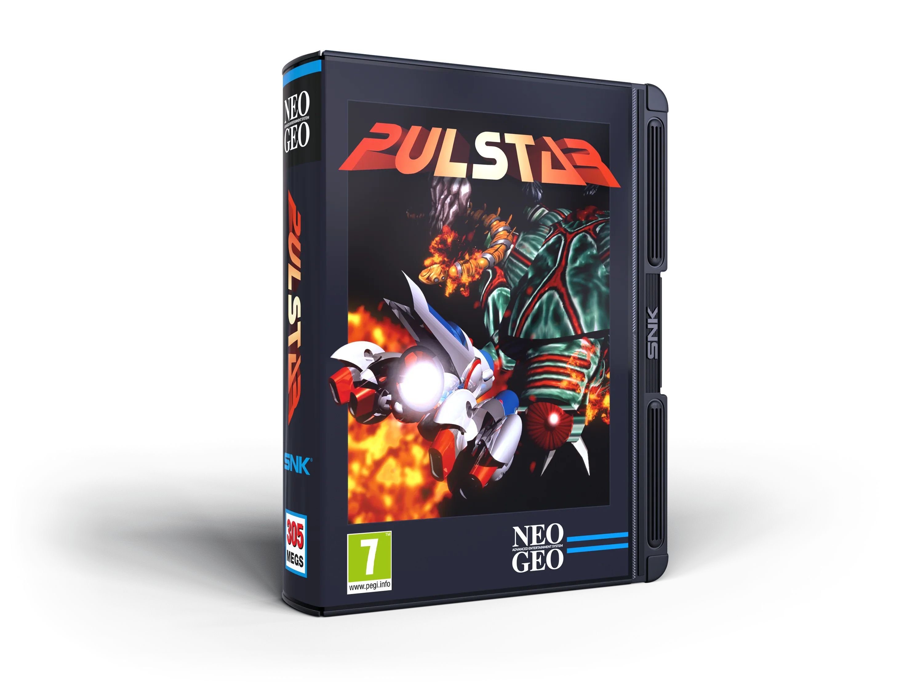 Pudełko gry Pulstar dla Neo Geo, klasyczna gra akcji z robotami i eksplozjami, 305 MB, ocena PEGI 7