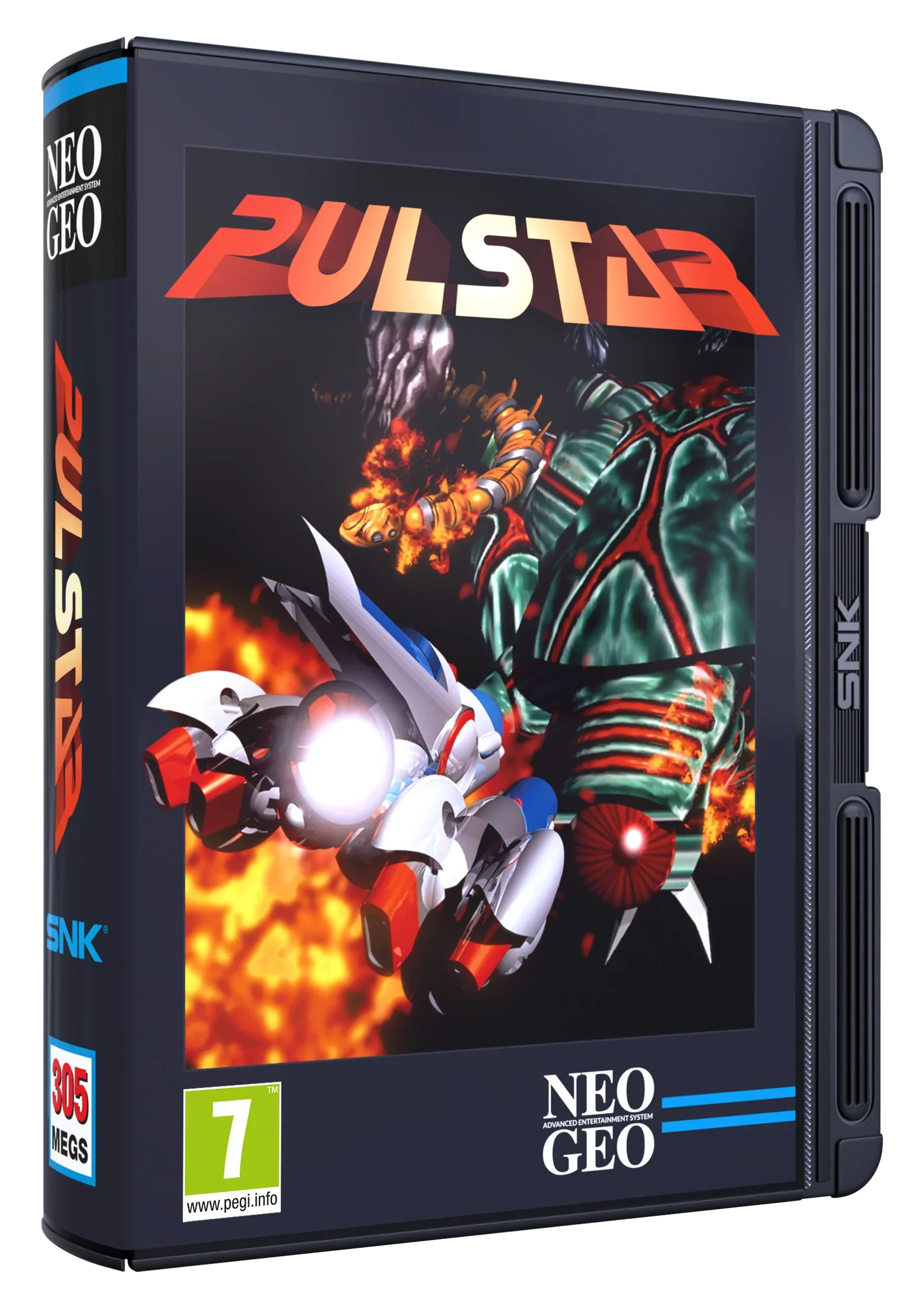 Pudełko gry Pulstar dla NEO GEO, klasyczna gra akcji z robotami i eksplozjami, 305 MB, PEGI 7