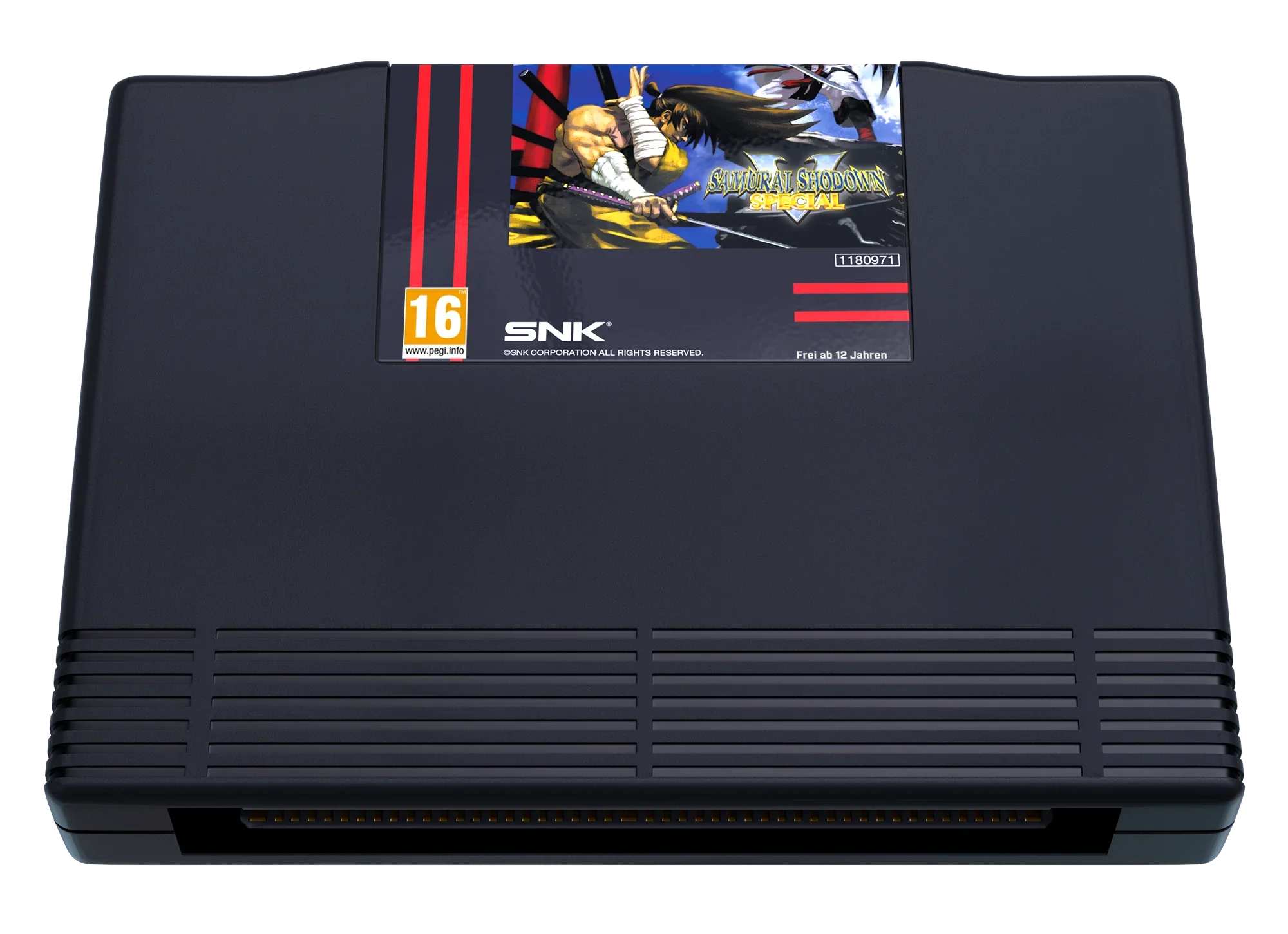 Czarna konsola SNK z grą Samurai Shodown Special, etykieta PEGI 16, idealna dla fanów retro gamingu