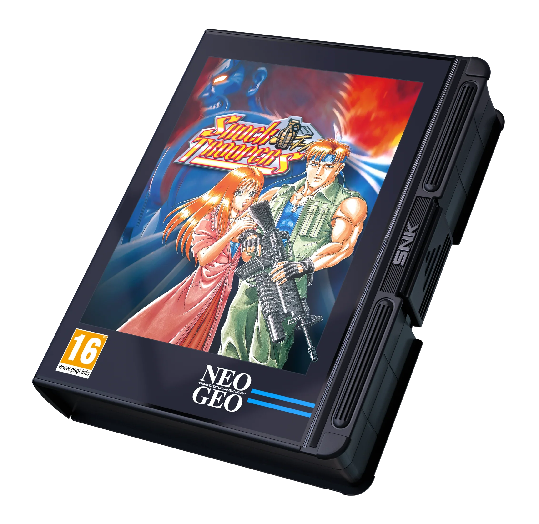 Karta gry Neo Geo Shock Troopers z logo SNK, idealna dla fanów klasycznych arcade'ów i retro gamingu.