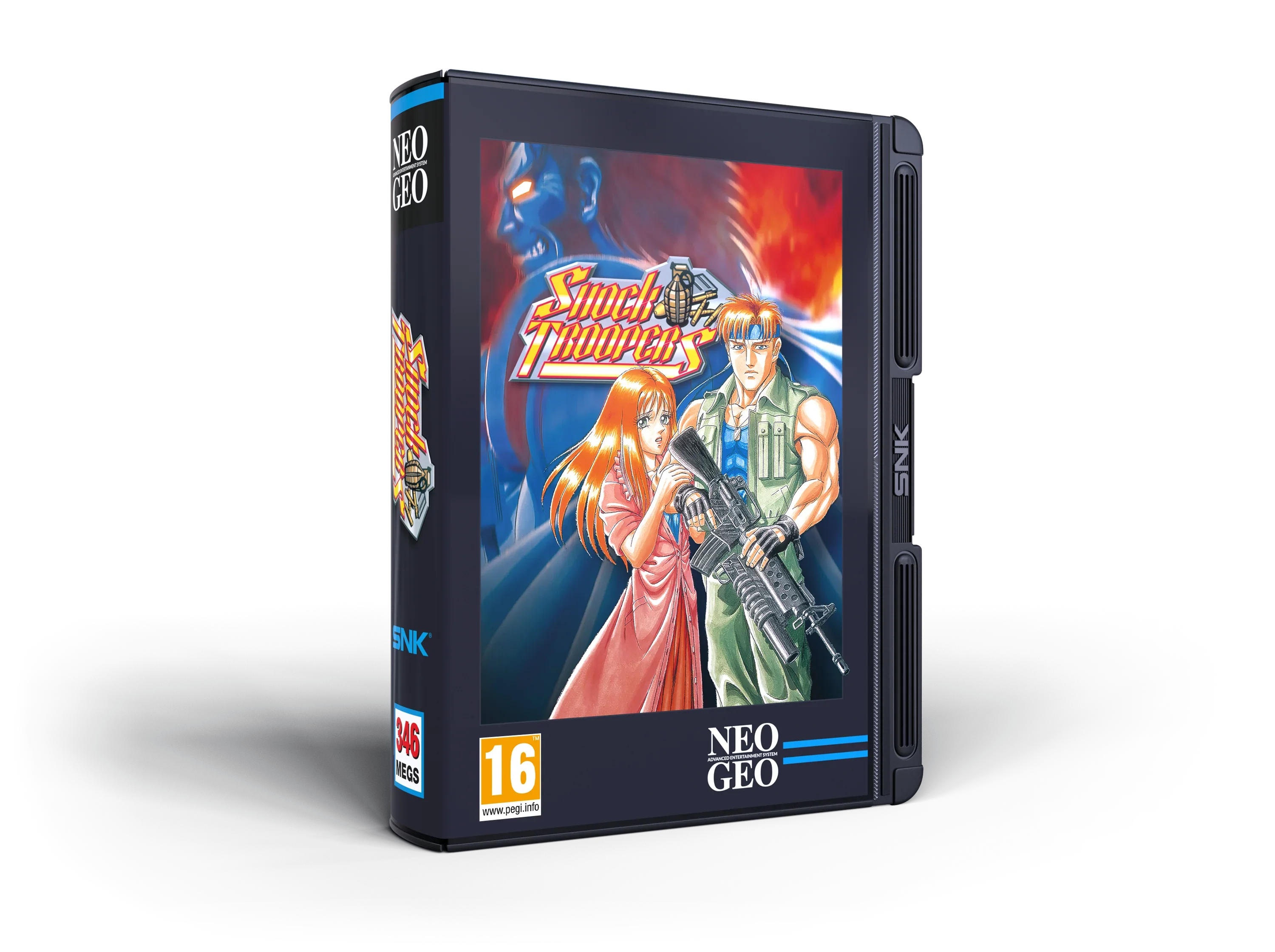 Pudełko gry Shock Troopers na NEO GEO, klasyczna gra akcji z postaciami i logo SNK, 346 MB, wiek 16+