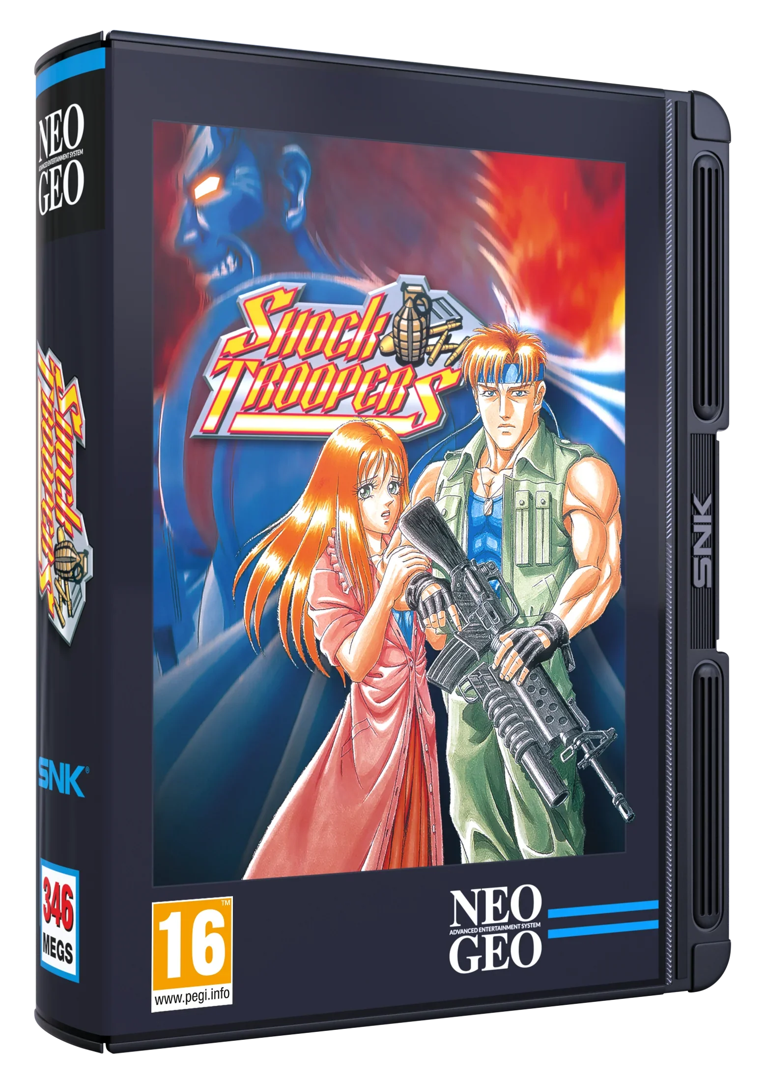 Pudełko gry Shock Troopers dla NEO GEO, klasyczna gra akcji z postaciami i logo SNK, PEGI 16