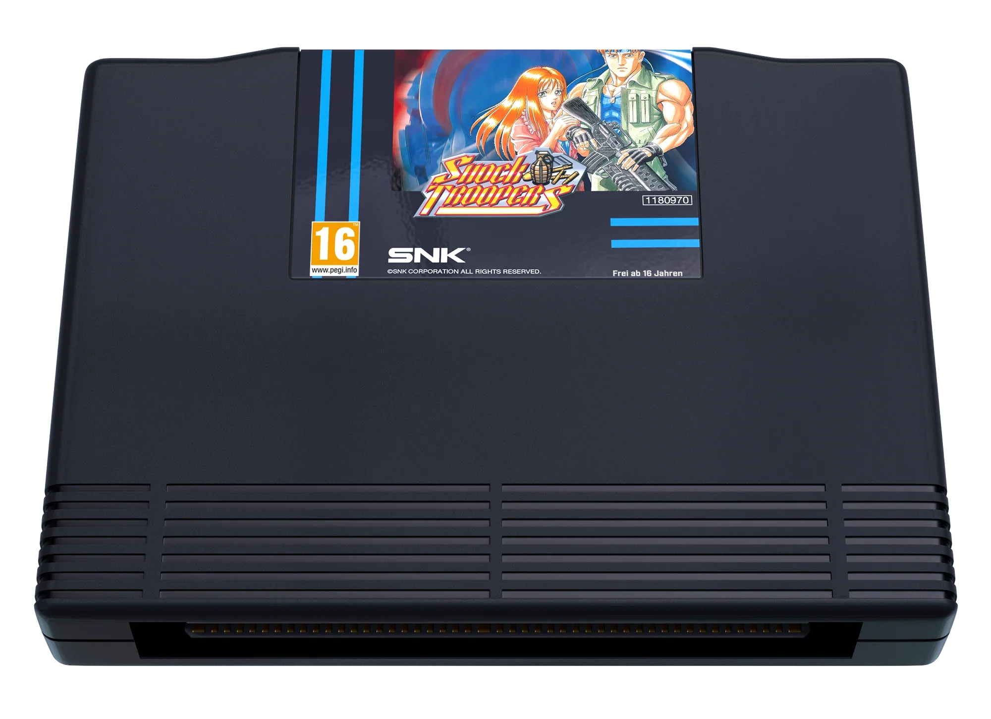 Czarna konsola SNK z grą Shock Troopers, idealna do retro gamingu i kolekcjonerskich setupów
