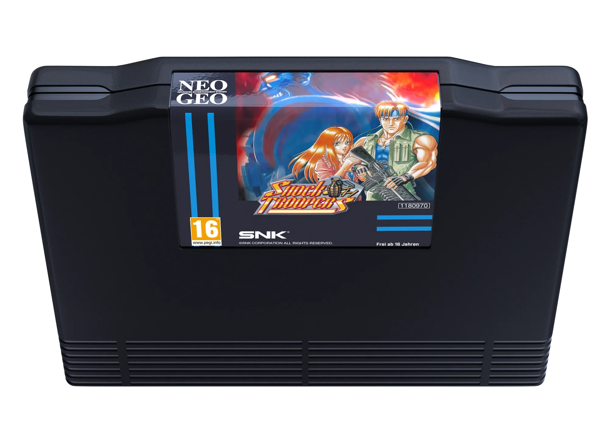 Kaseta gry Neo Geo Shock Troopers, klasyczna gra akcji SNK dla konsoli arcade, wiek 16+