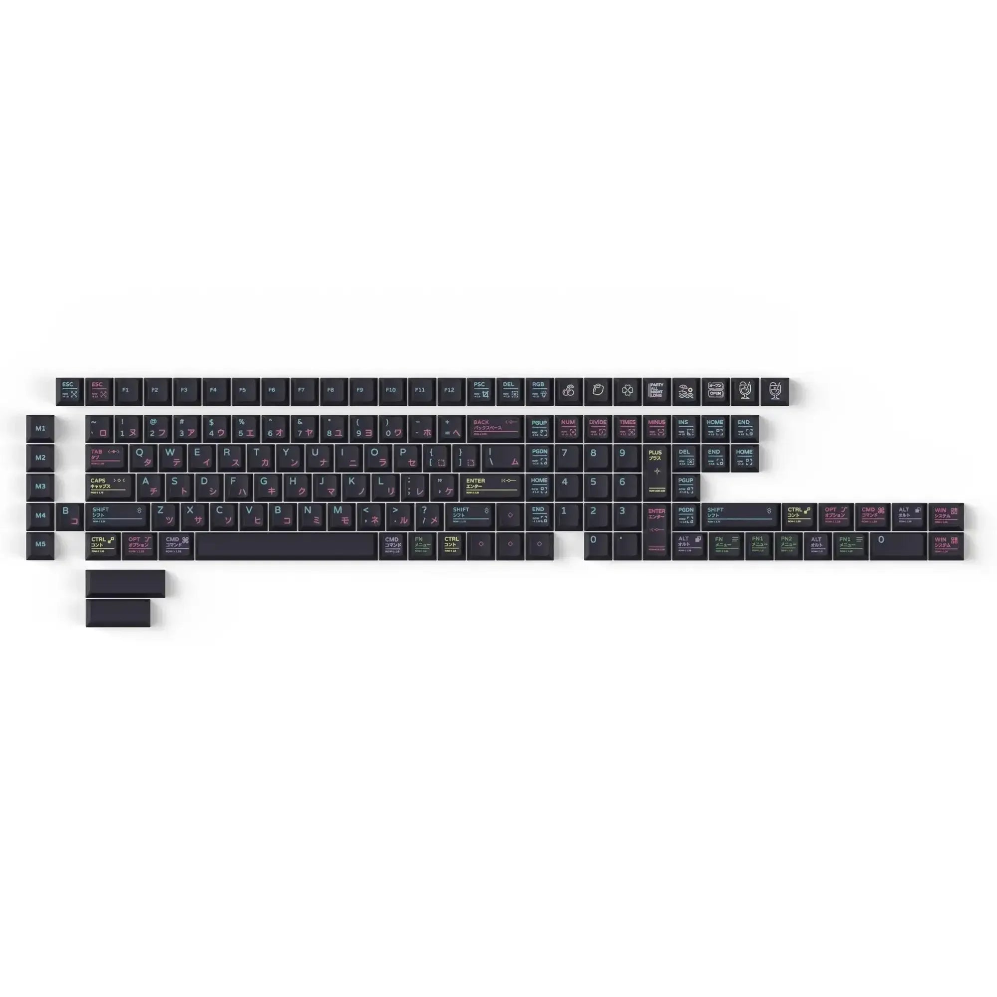 Zestaw czarnych keycapów PBT Neon Night Cherry z kolorowymi znakami do klawiatury mechanicznej