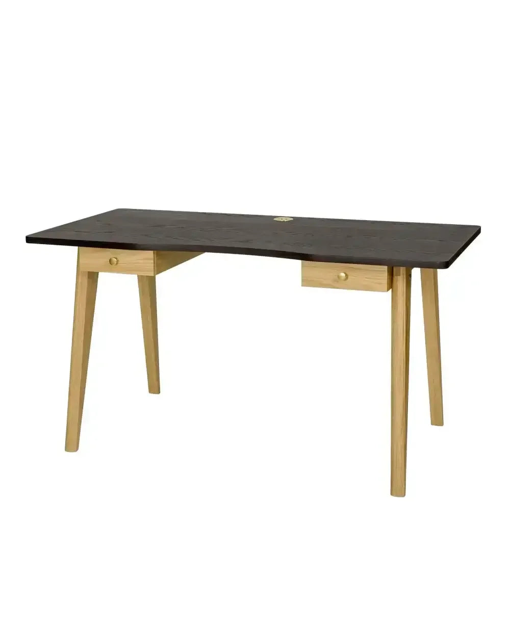 Drewniane biurko z ciemnym blatem i jasnymi nogami, dwa szuflady, idealne do home office