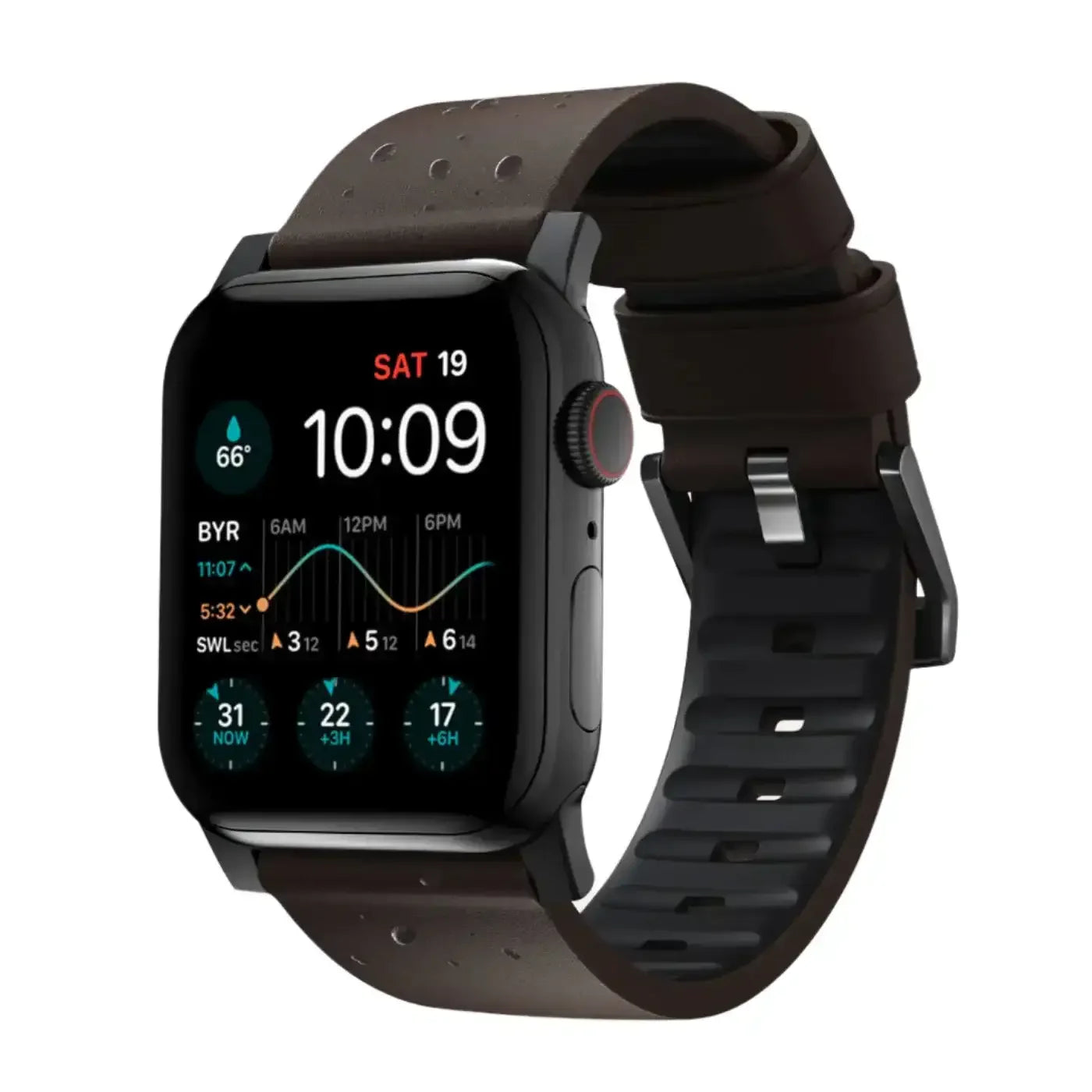 Czarny smartwatch z wyświetlaczem, na brązowym pasku sportowym, nowoczesny zegarek na rękę