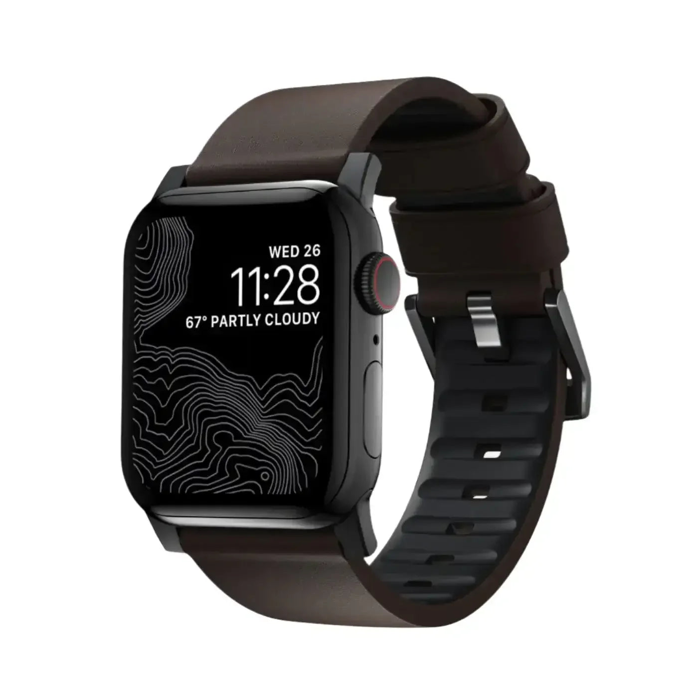 Czarny smartwatch z brązowym paskiem, nowoczesny zegarek do biura i home office