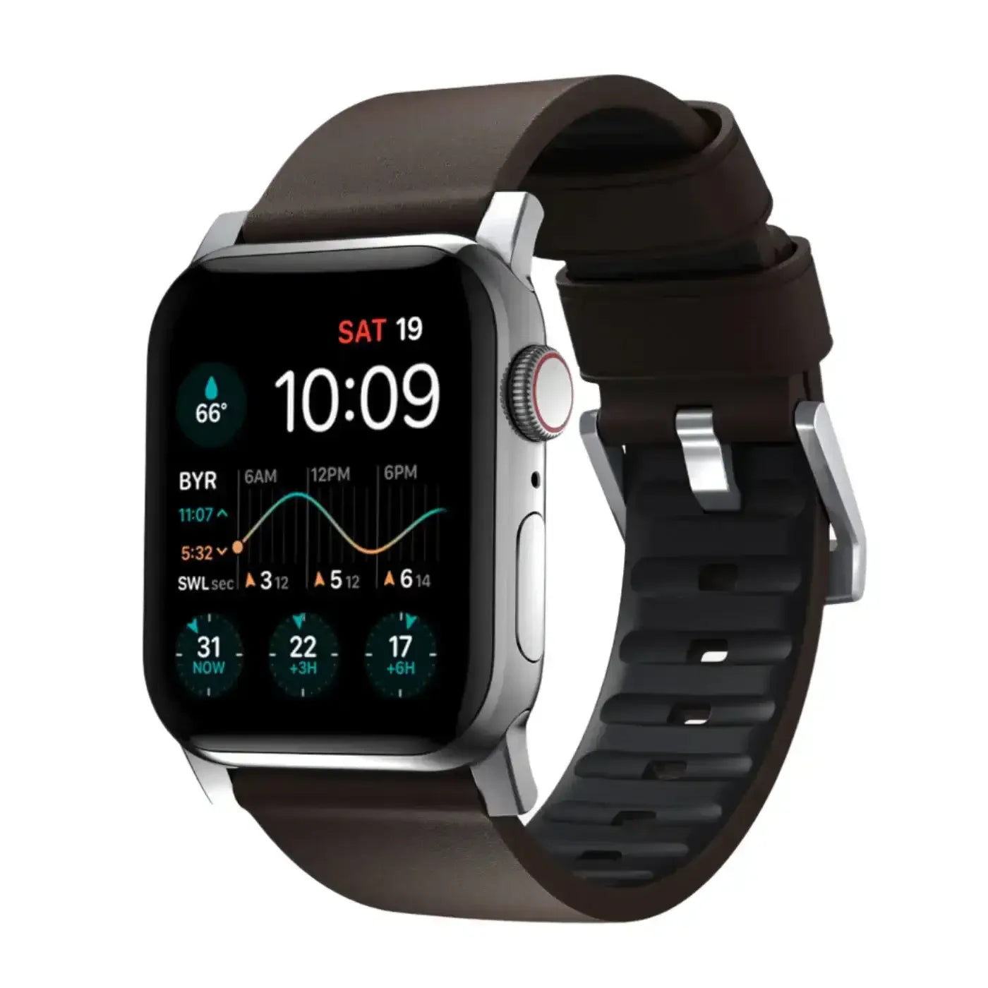 Smartwatch z brązowym paskiem skórzanym, nowoczesny design, widoczny ekran dotykowy