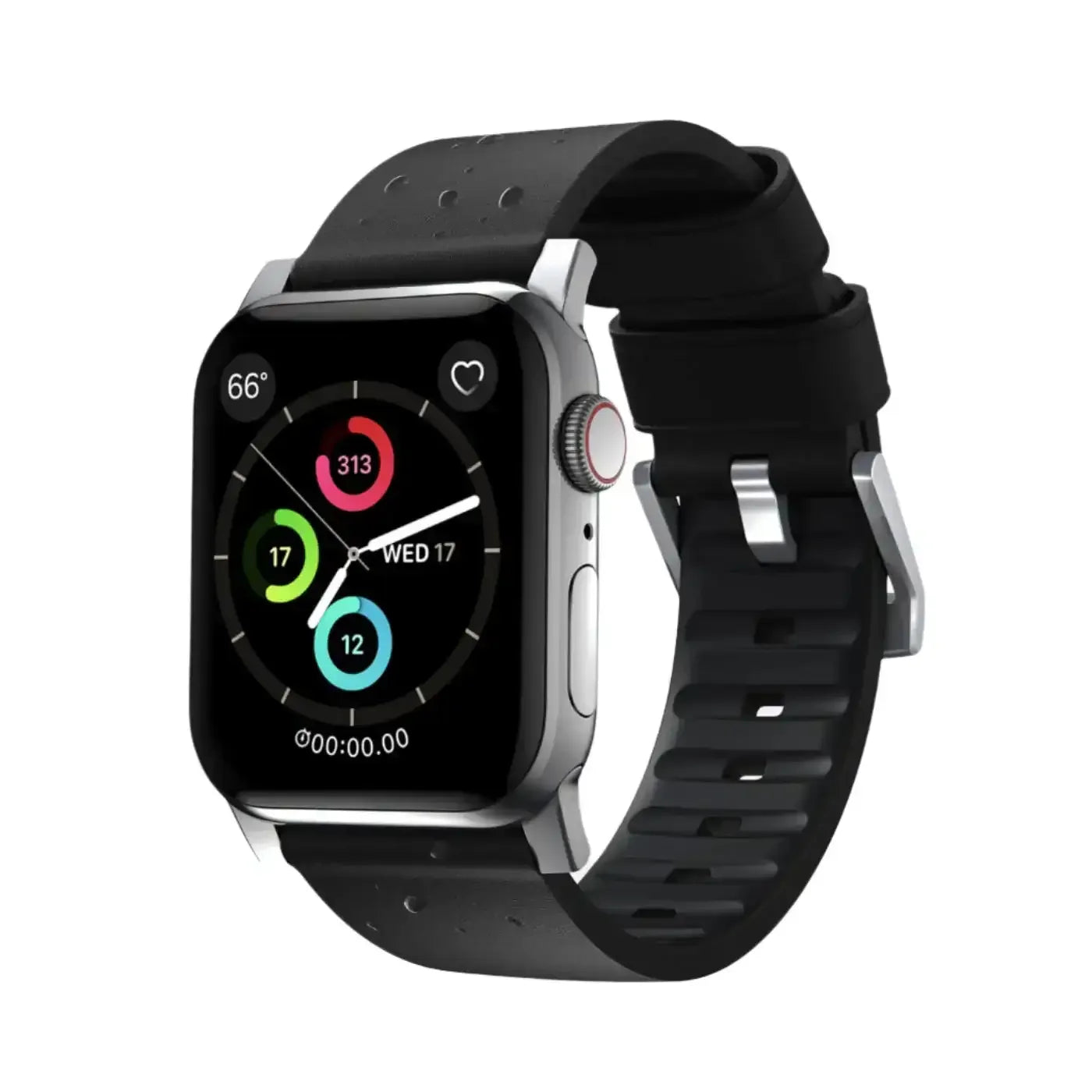 Nowoczesny smartwatch z czarnym paskiem sportowym, widok z boku na tarczę