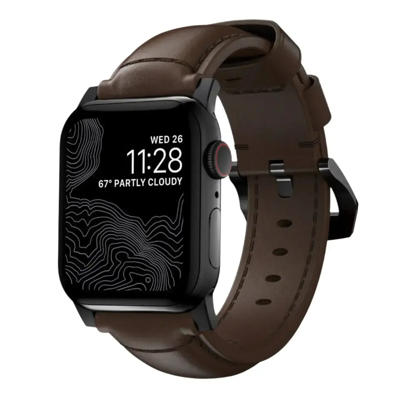 Smartwatch z czarną kopertą i brązowym skórzanym paskiem, nowoczesny design
