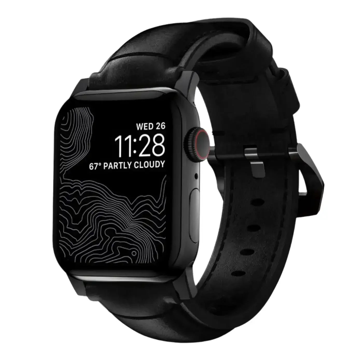 Czarny smartwatch z klasycznym skórzanym paskiem, wyświetlacz z białym motywem graficznym